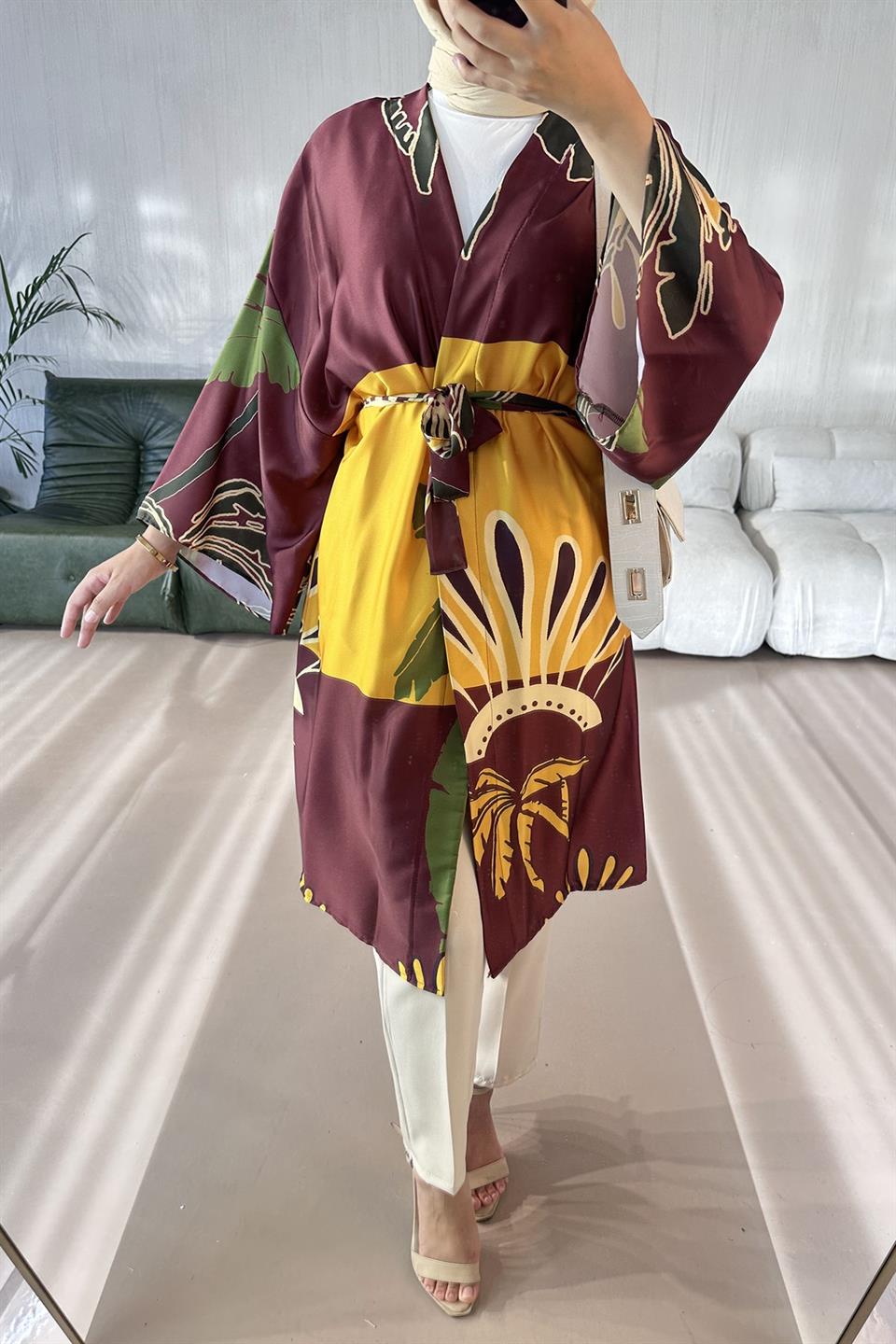 Yaprak Desenli Dream Kimono BORDO