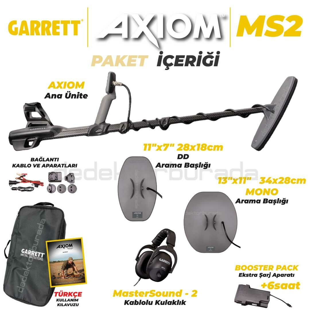 Axiom Remote Altın Dedektörü 34x28 cm Mono, 28x18 cm DD Başlıklı MS-2 Kablolu Kulaklık