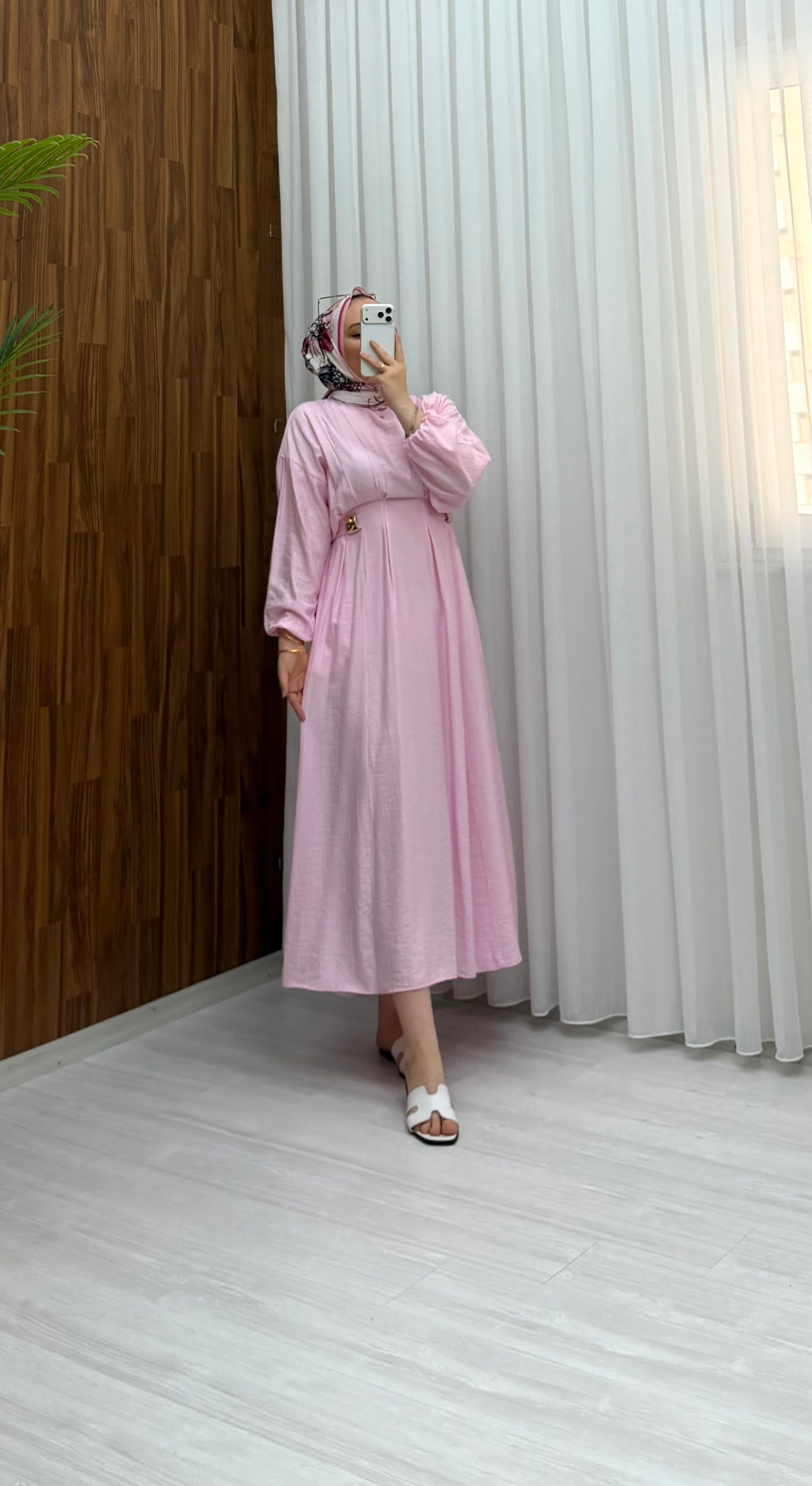 Aksesuar Detay Çilek Elbise Pembe 1002 