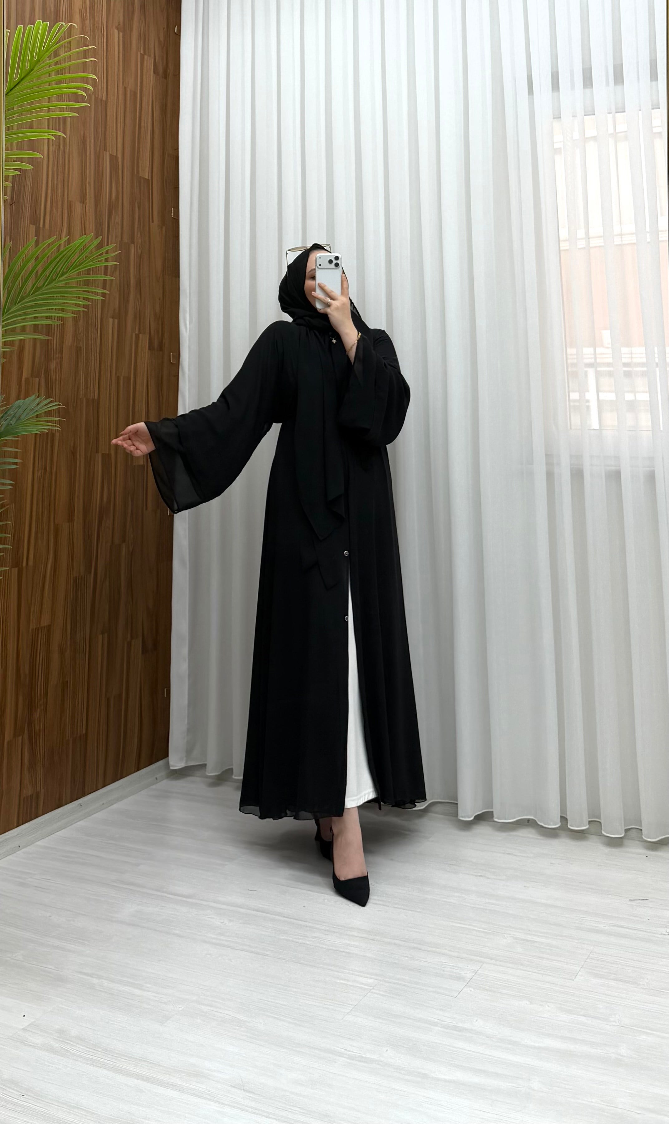Qup Hümay Çıtçıtlı Şal Detay Abaya Siyah 10063 
