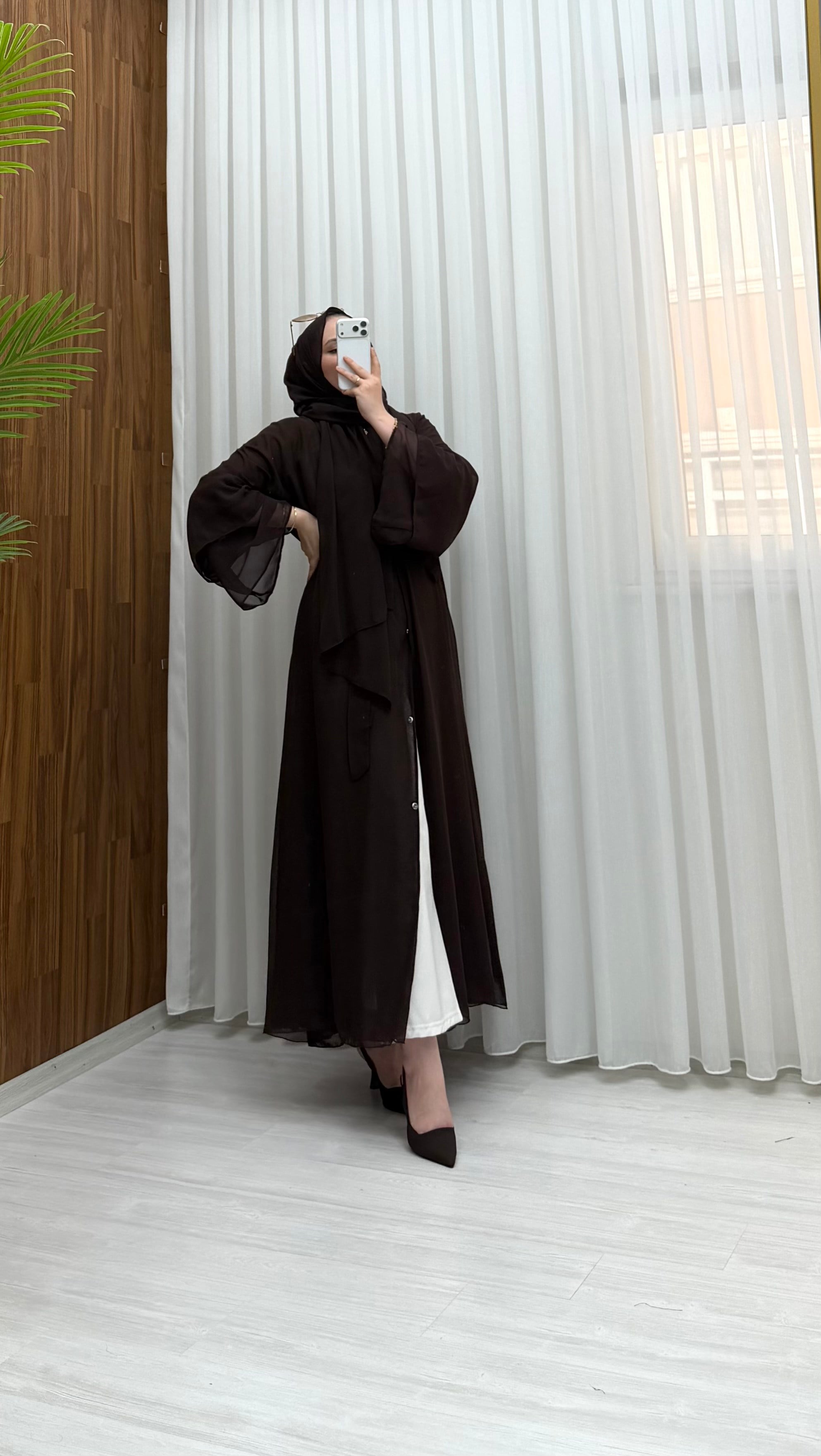 Qup Hümay Çıtçıtlı Şal Detay Abaya Kahverengi 10063 