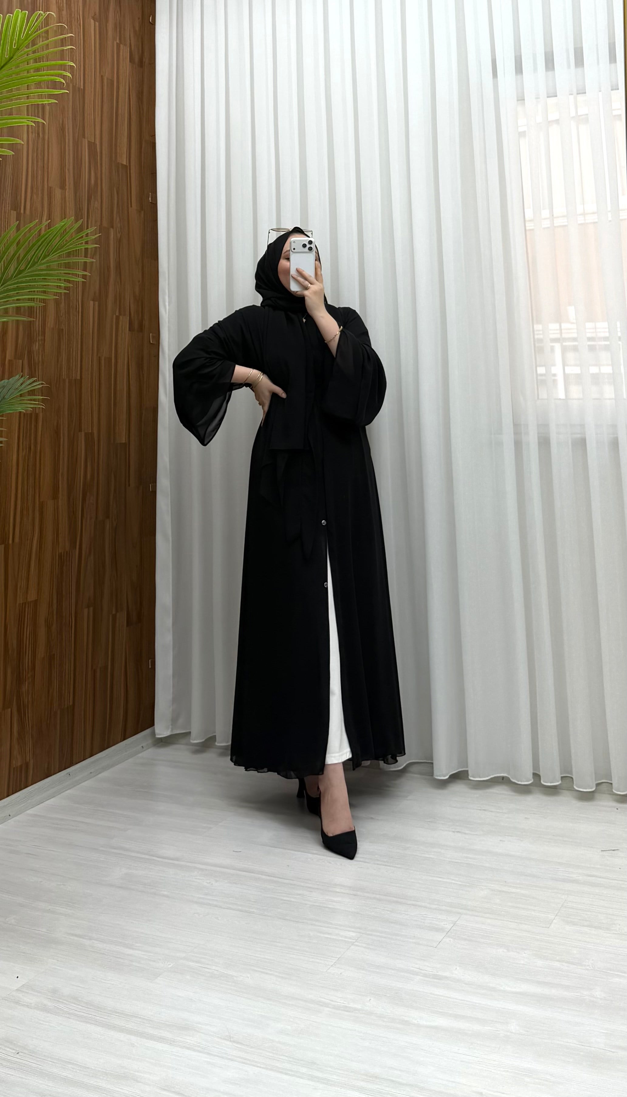 Qup Hümay Çıtçıtlı Şal Detay Abaya Siyah 10063 
