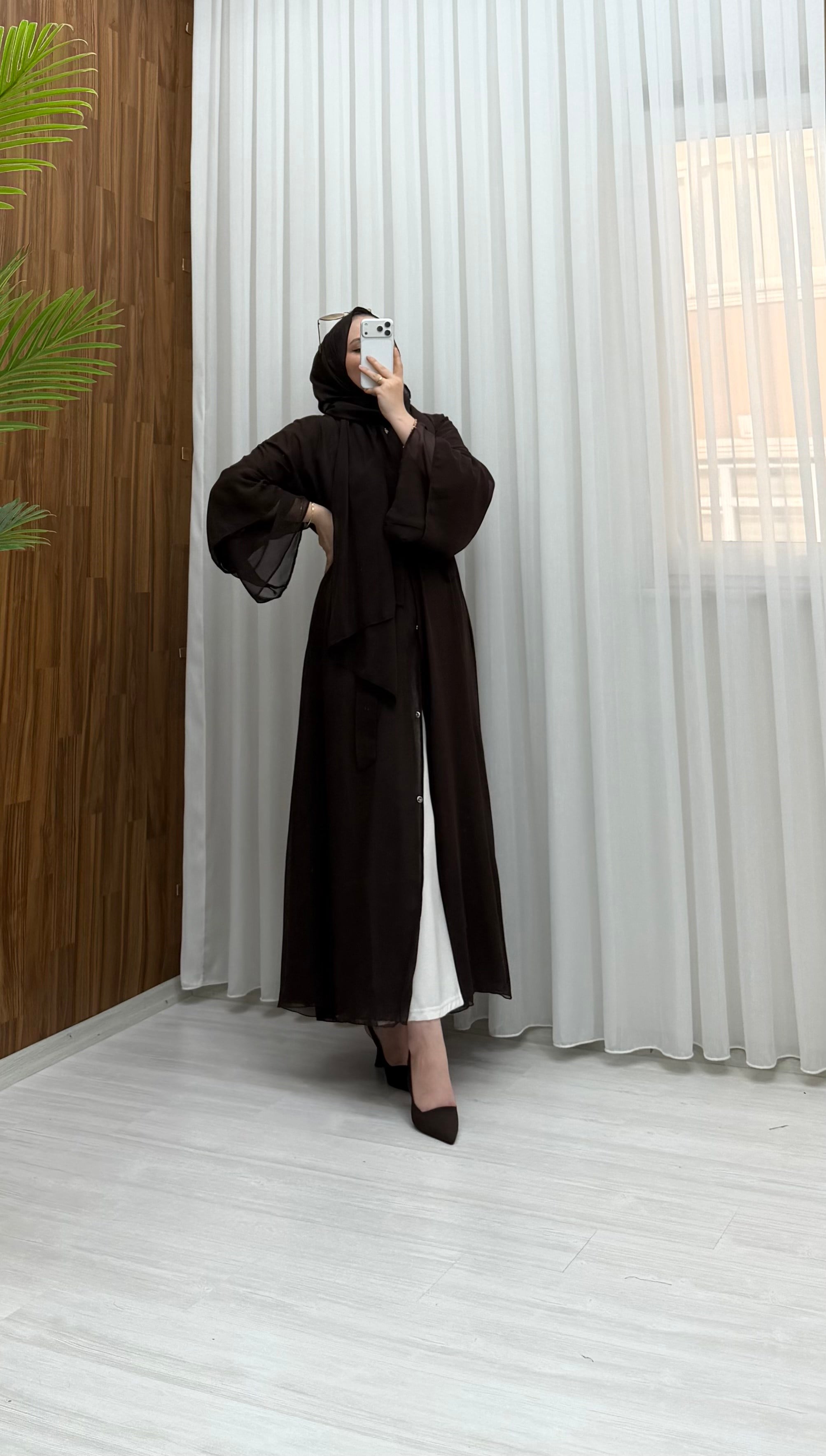 Qup Hümay Çıtçıtlı Şal Detay Abaya Kahverengi 10063 