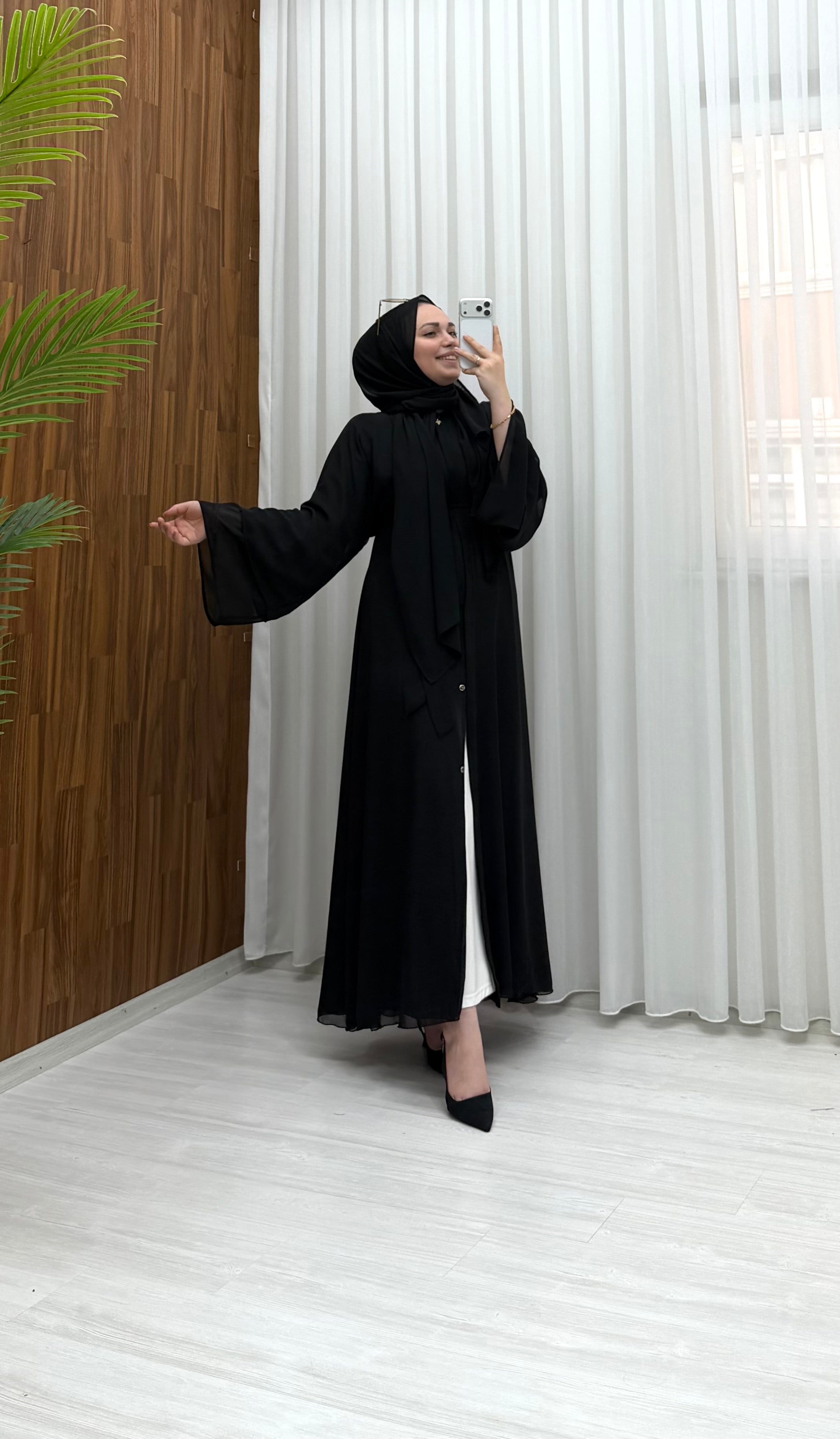 Qup Hümay Çıtçıtlı Şal Detay Abaya Siyah 10063 