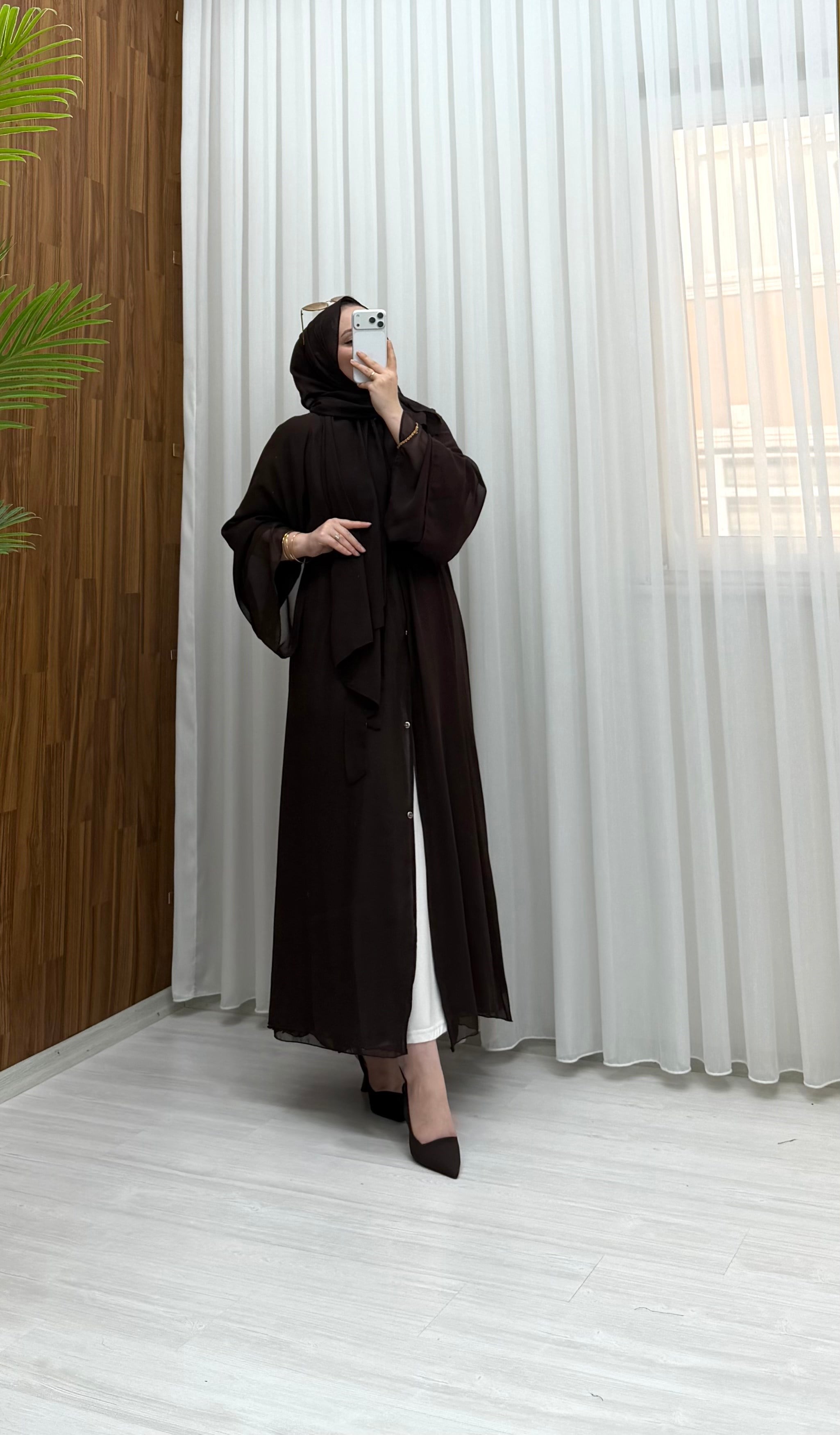Qup Hümay Çıtçıtlı Şal Detay Abaya Kahverengi 10063 