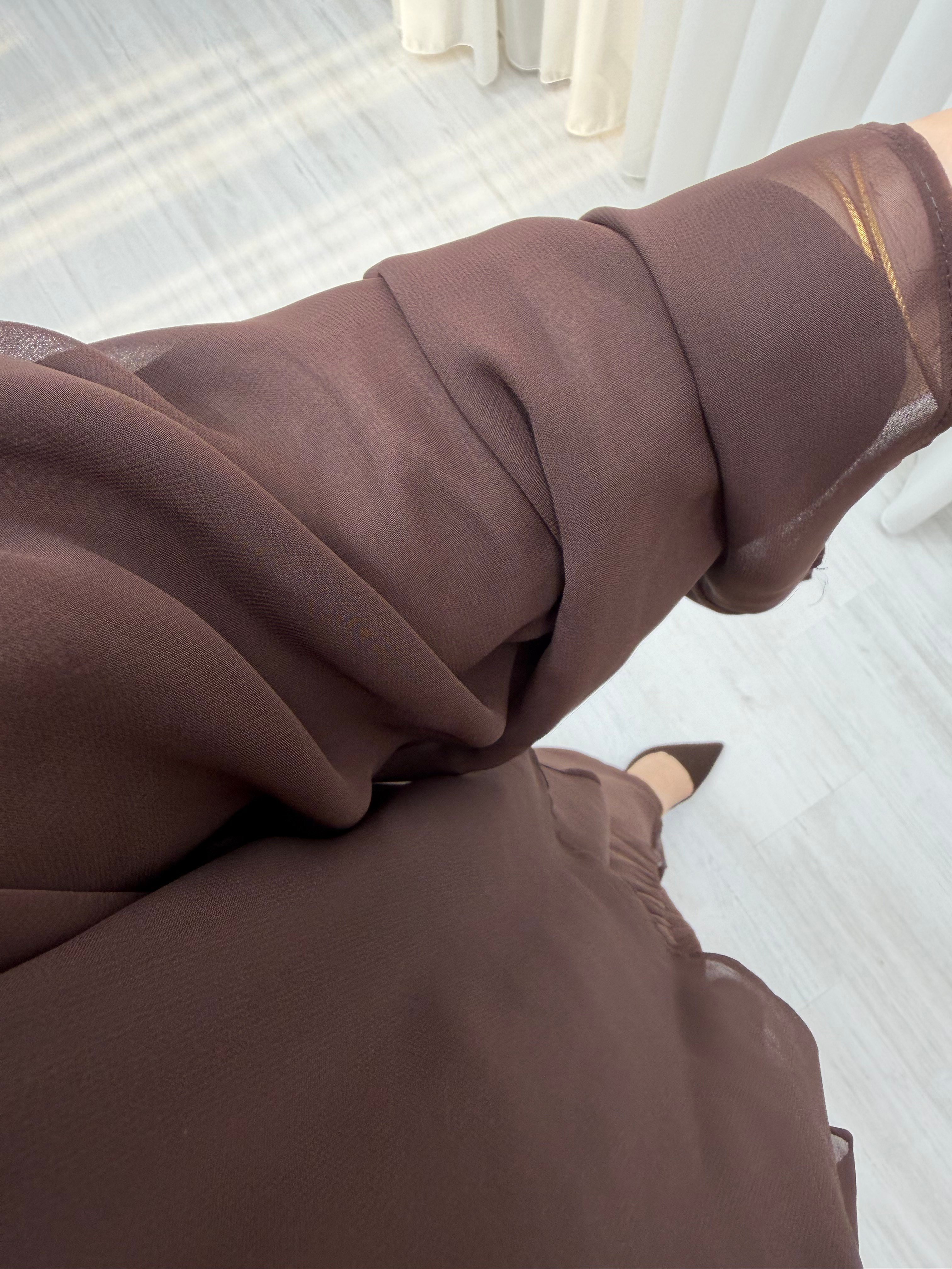 Qup Hümay Çıtçıtlı Şal Detay Abaya Kahverengi 10063 