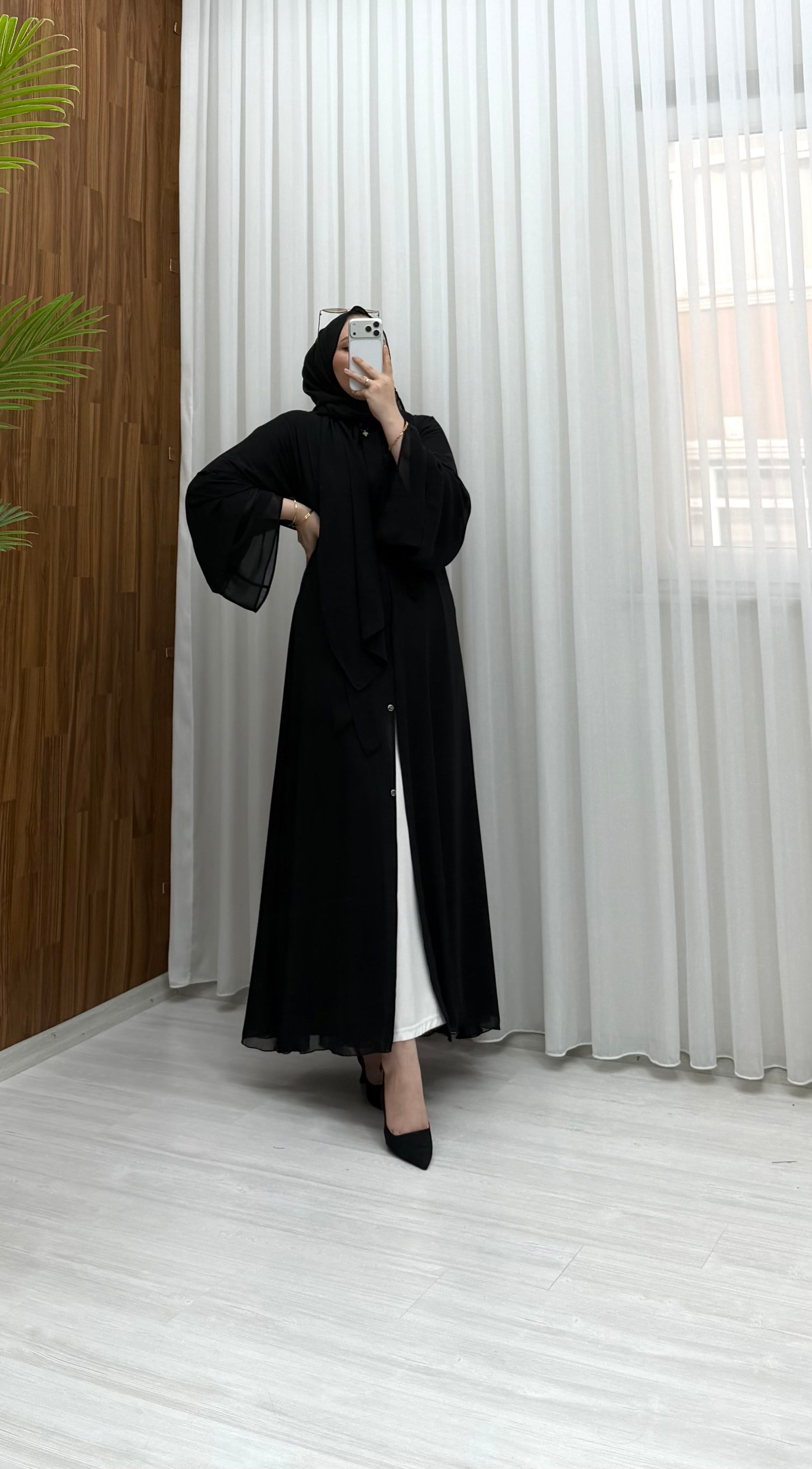 Qup Hümay Çıtçıtlı Şal Detay Abaya Siyah 10063 
