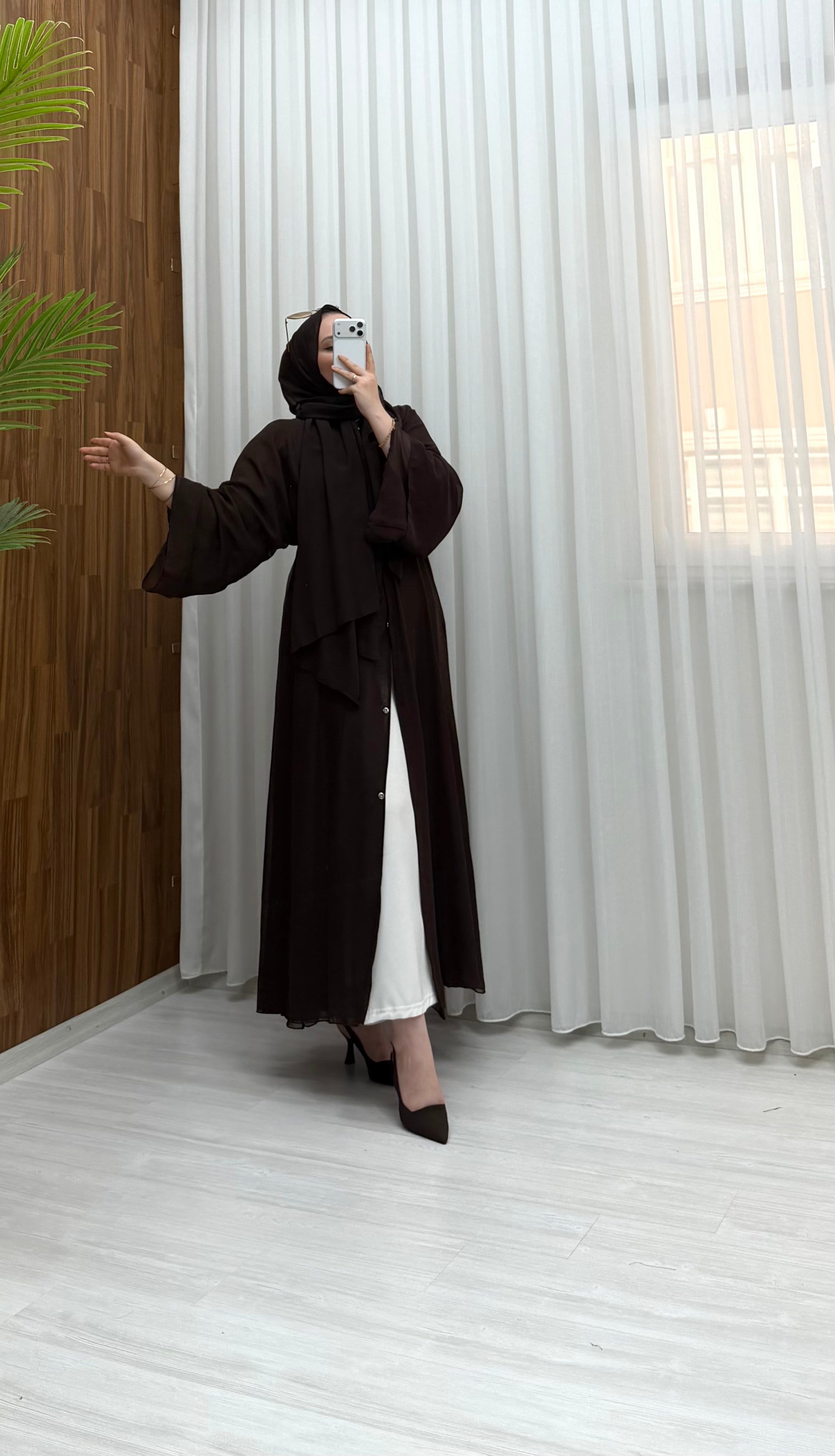 Qup Hümay Çıtçıtlı Şal Detay Abaya Kahverengi 10063 