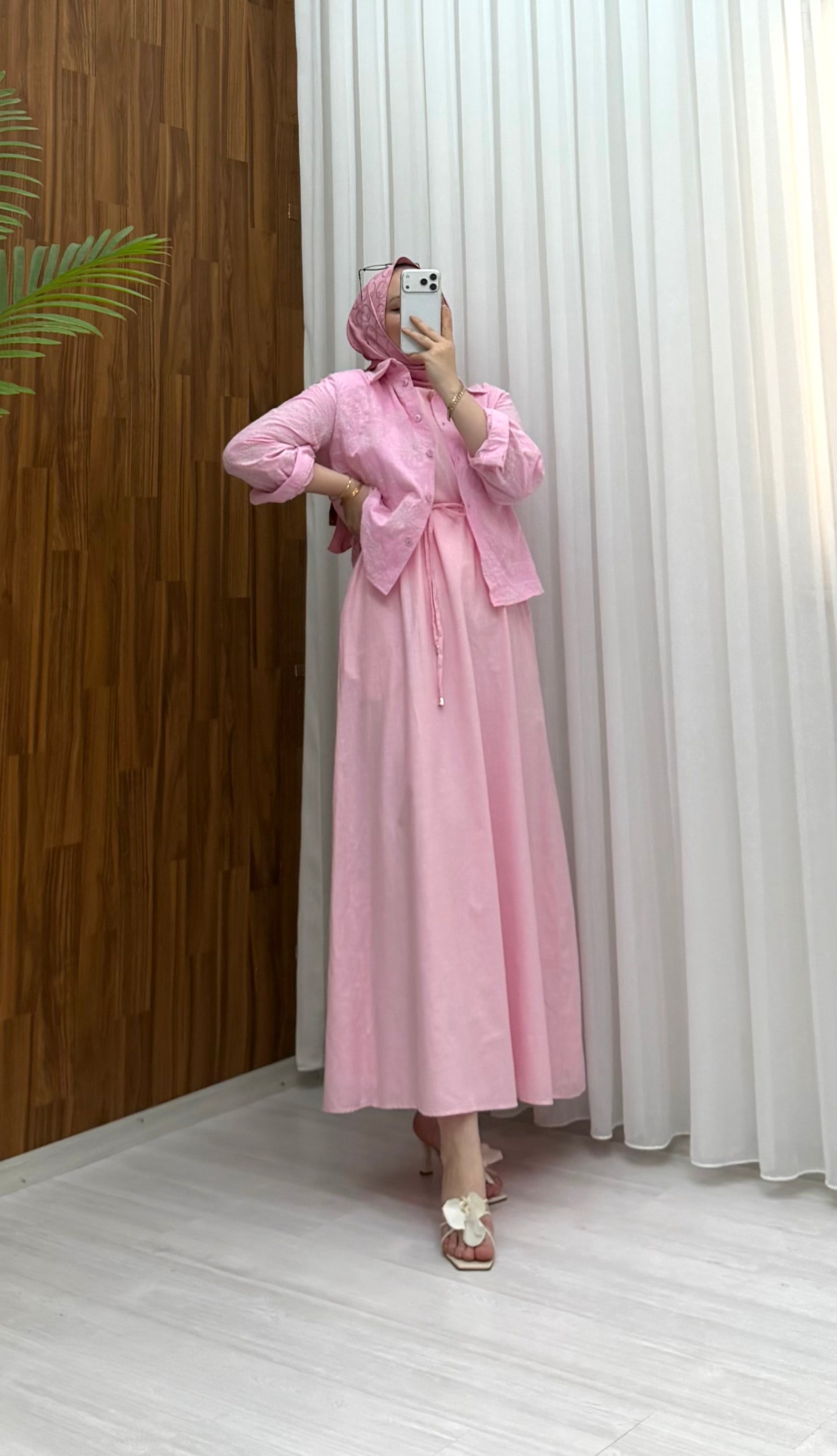 Binay Etnik Desen Keten Elbise Pembe 1011 