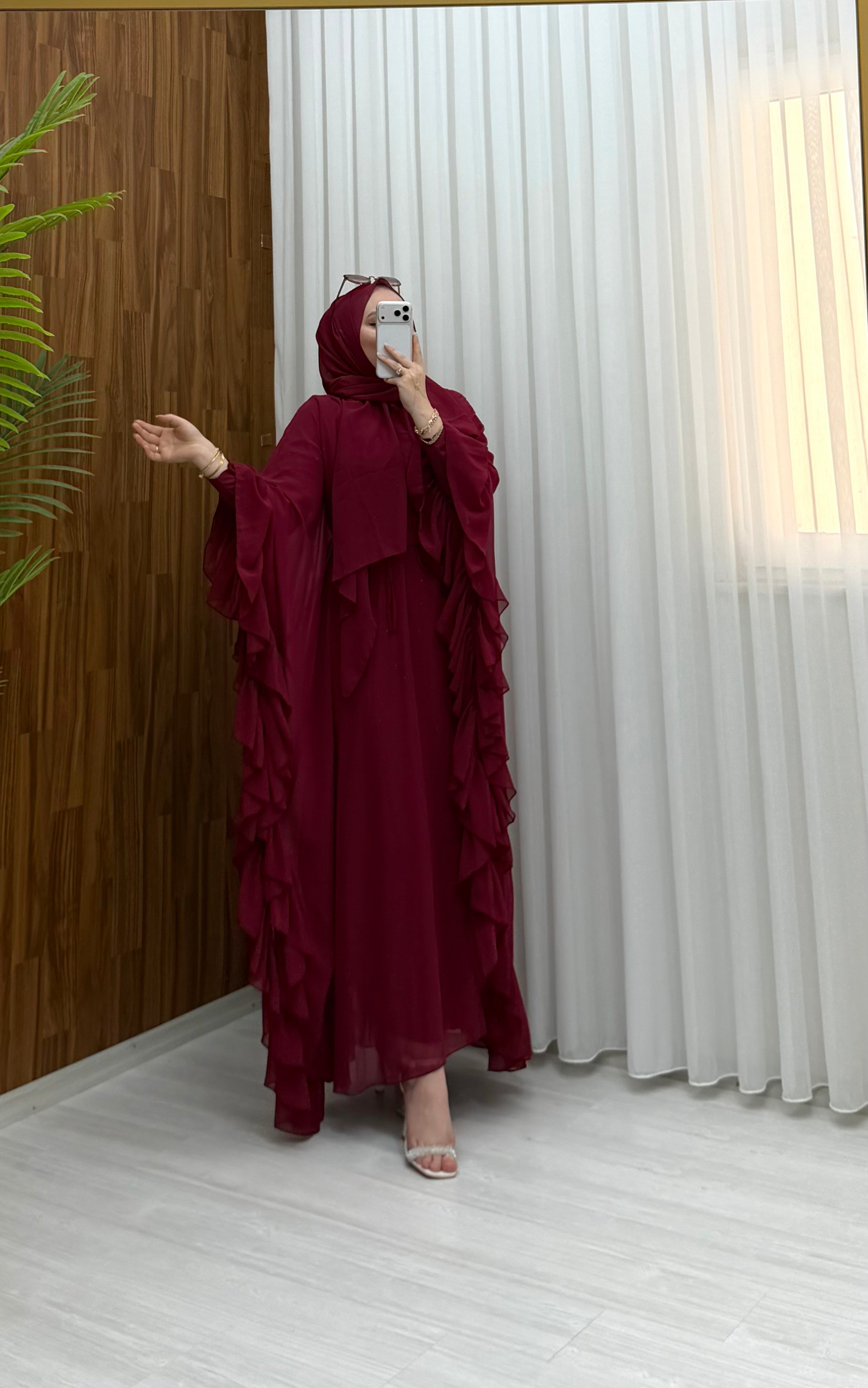 Qup Mısra Pelerin 3'Parça Elbise Bordo 1069 