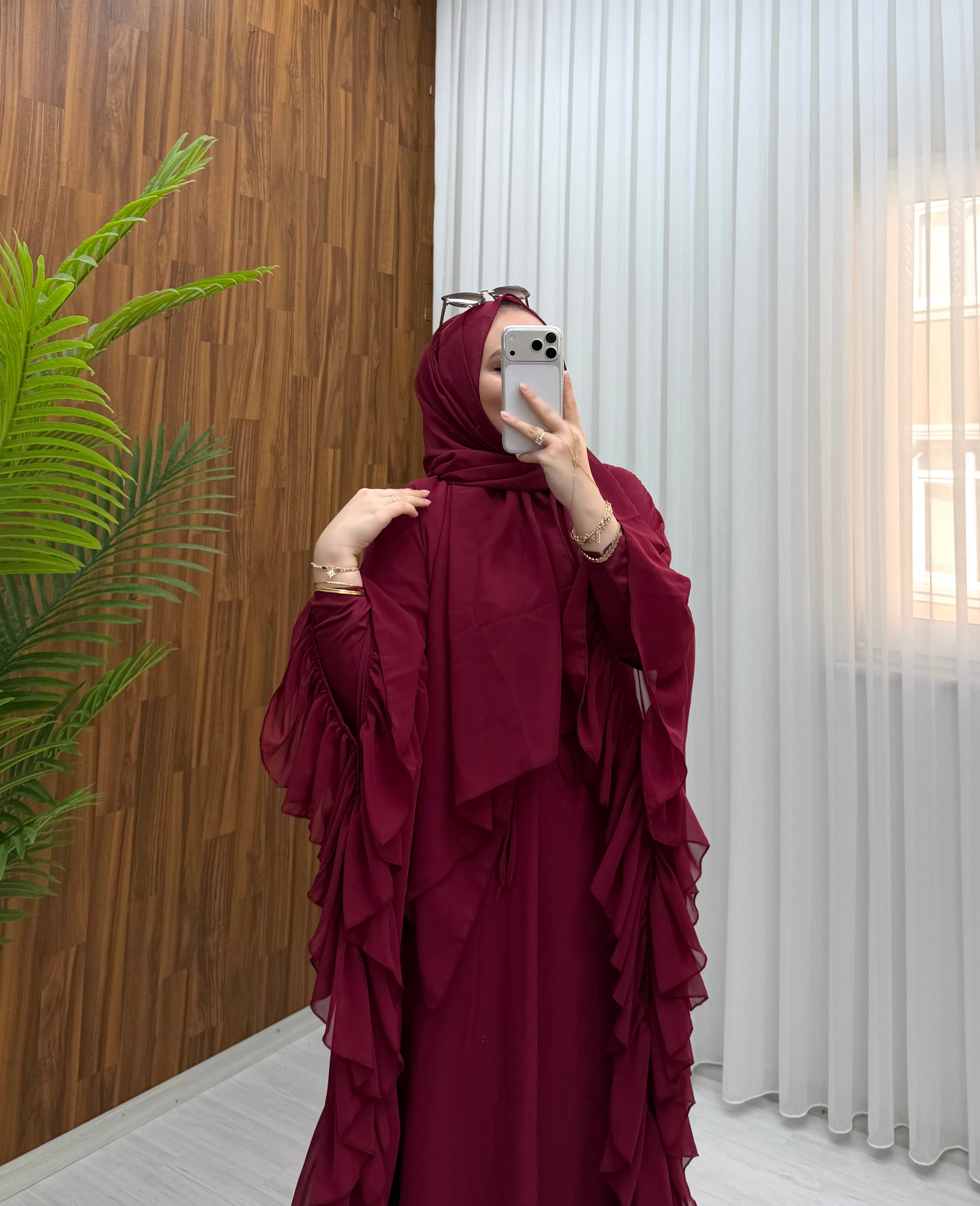 Qup Mısra Pelerin 3'Parça Elbise Bordo 1069 