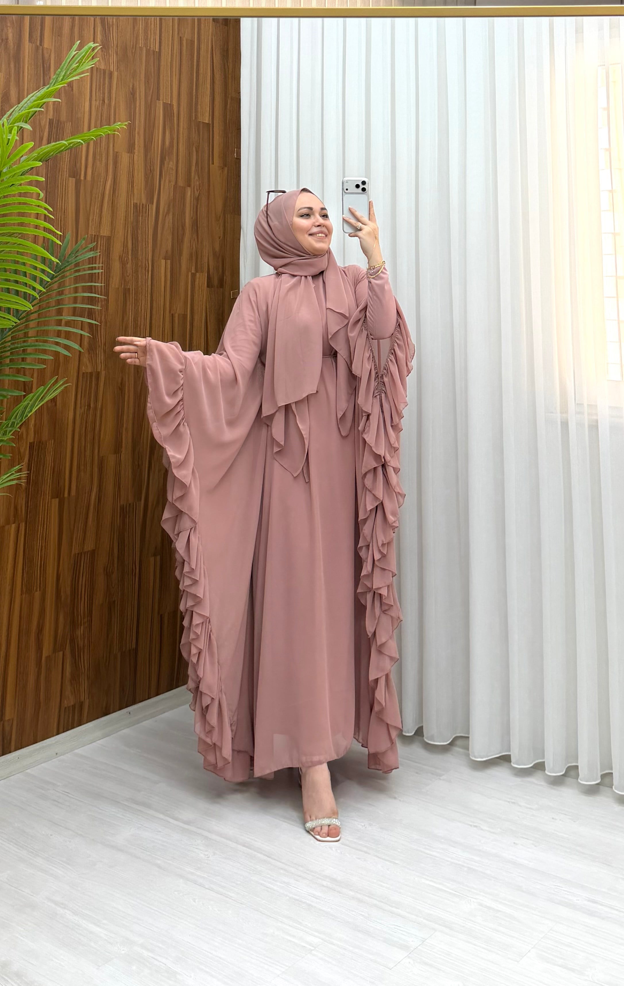 Qup Mısra Pelerin 3'Parça Elbise Pudra  1069 