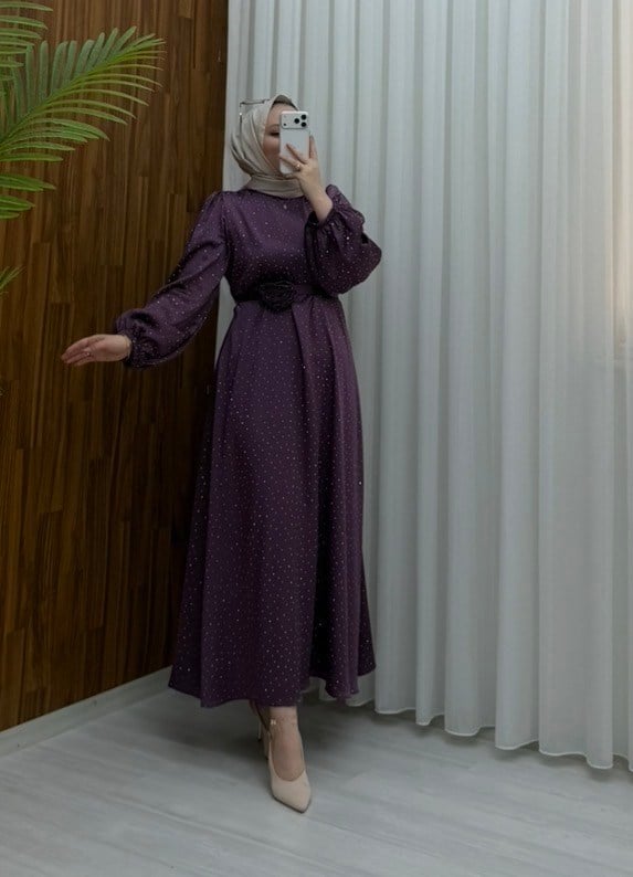 Enderon Taşlı Gül Kemerli Abiye gül kurusu  1136 