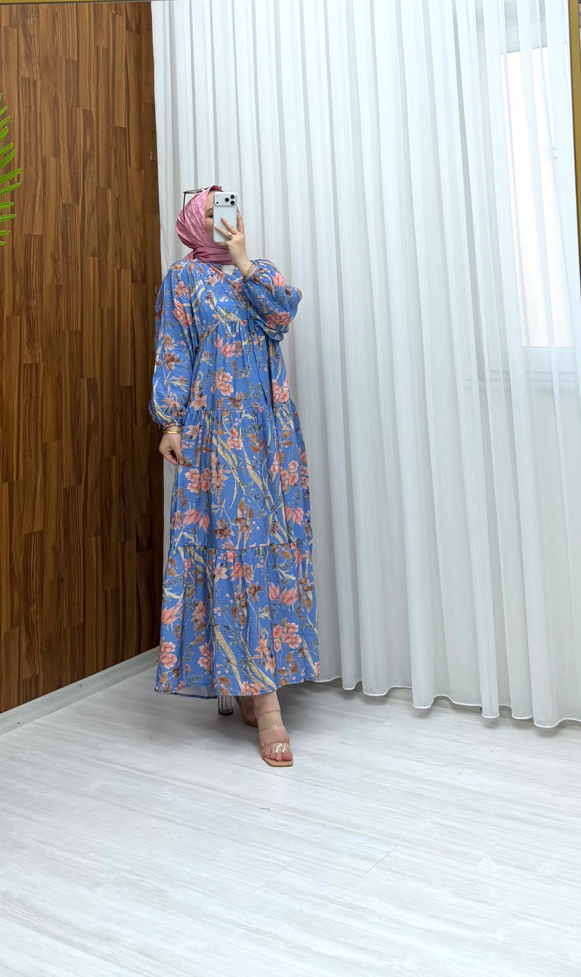 Arshia Desenli Yazlık Owersays Elbise Mavi Pembe Çiçekli (H) 1199 