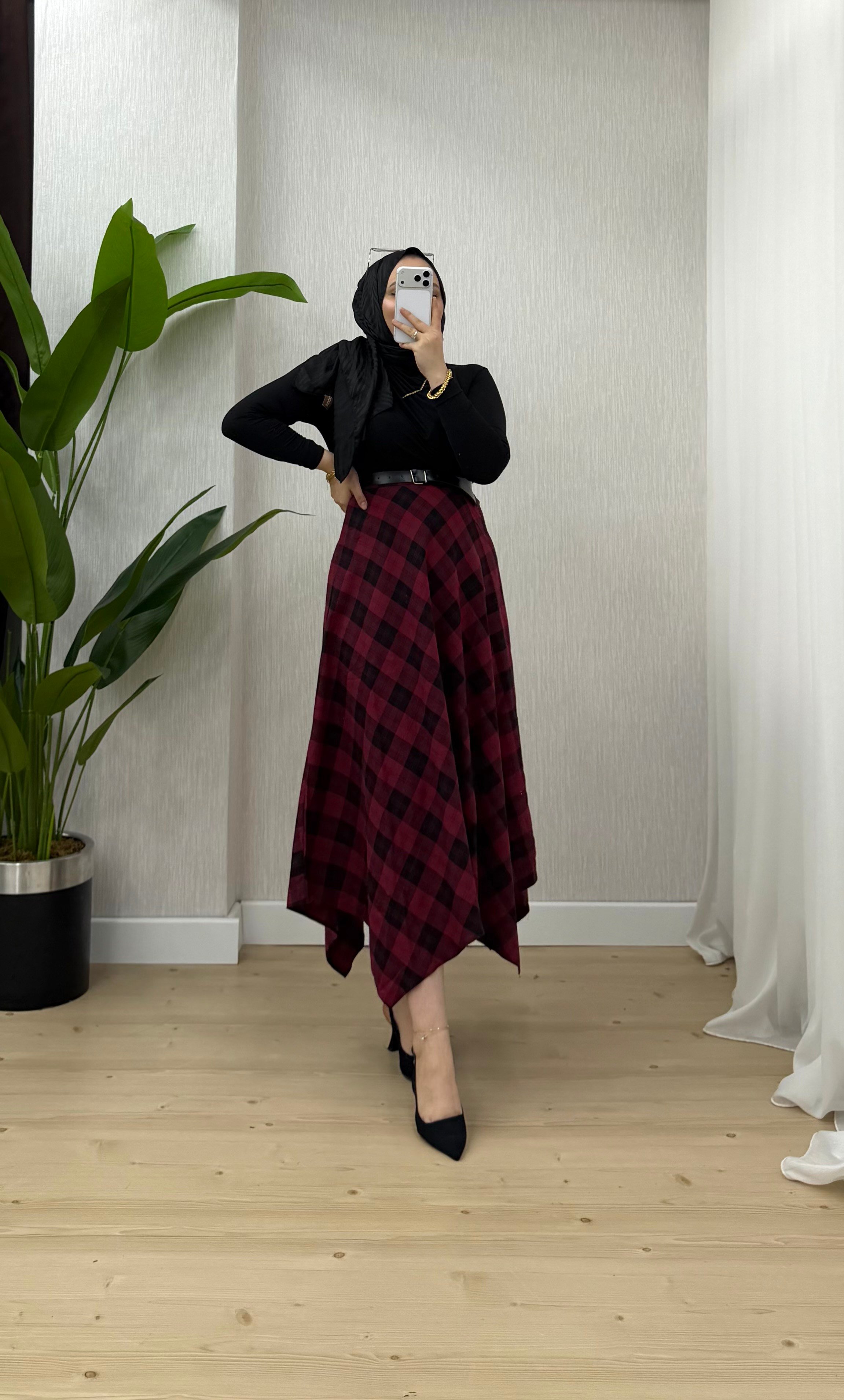 Newshe Asimetrik Ekose Etek Bordo 1674 