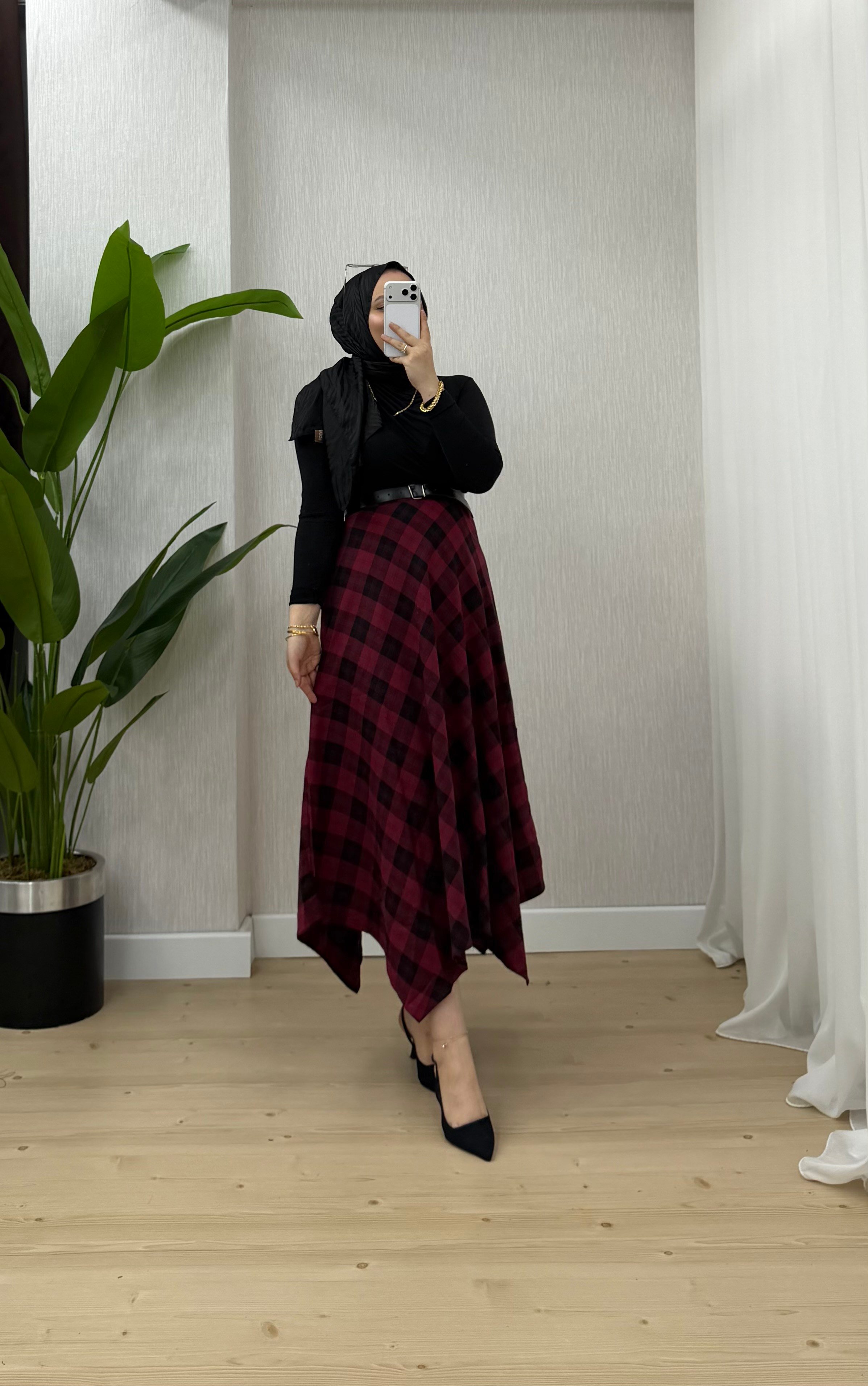 Newshe Asimetrik Ekose Etek Bordo 1674 