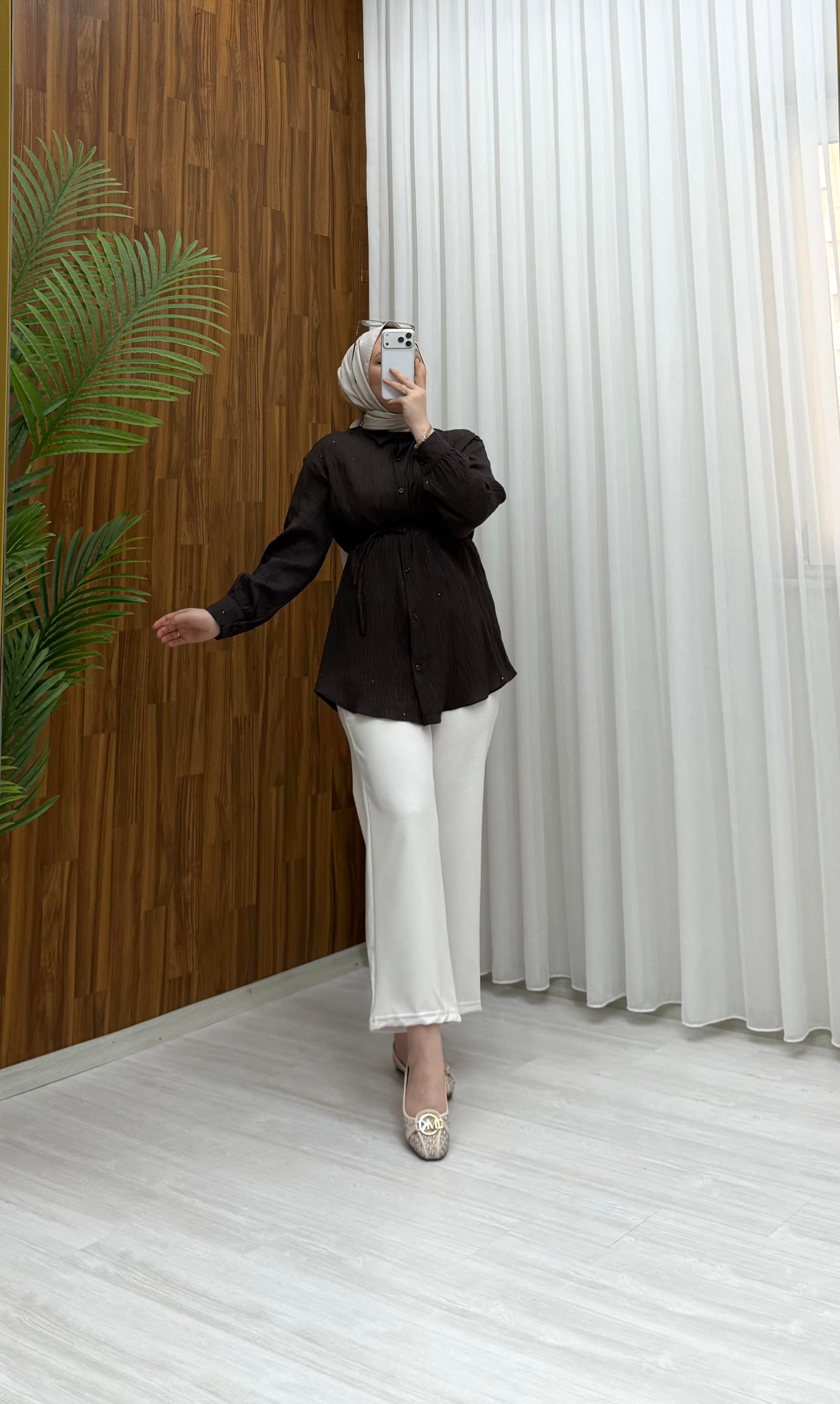 Newshe Bürümcük Pırlantalı tunik Std Kahve 1701 