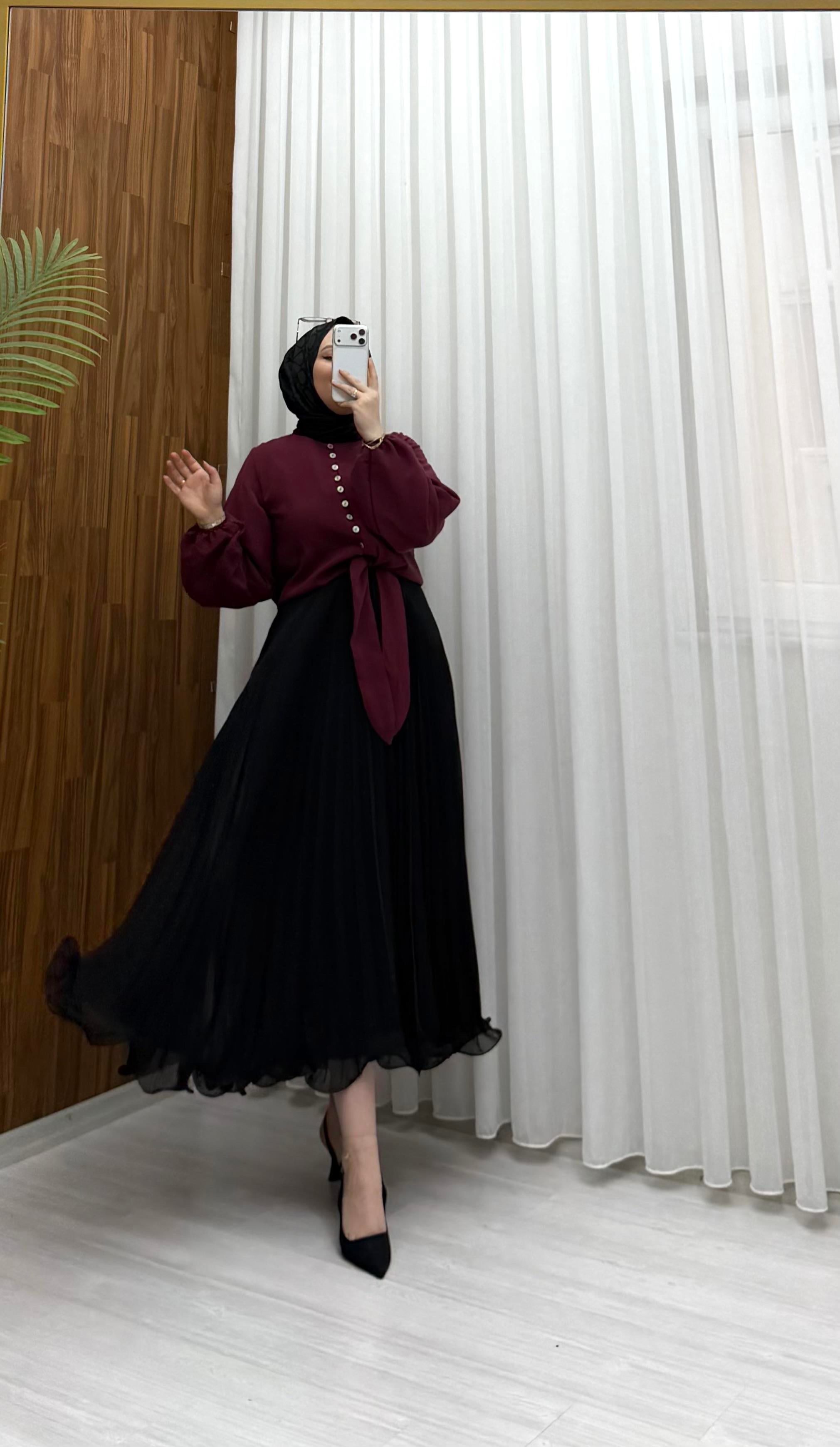 Newshe STD Beden Düğme Detay Etek Üstü Tunik Bordo 1706 