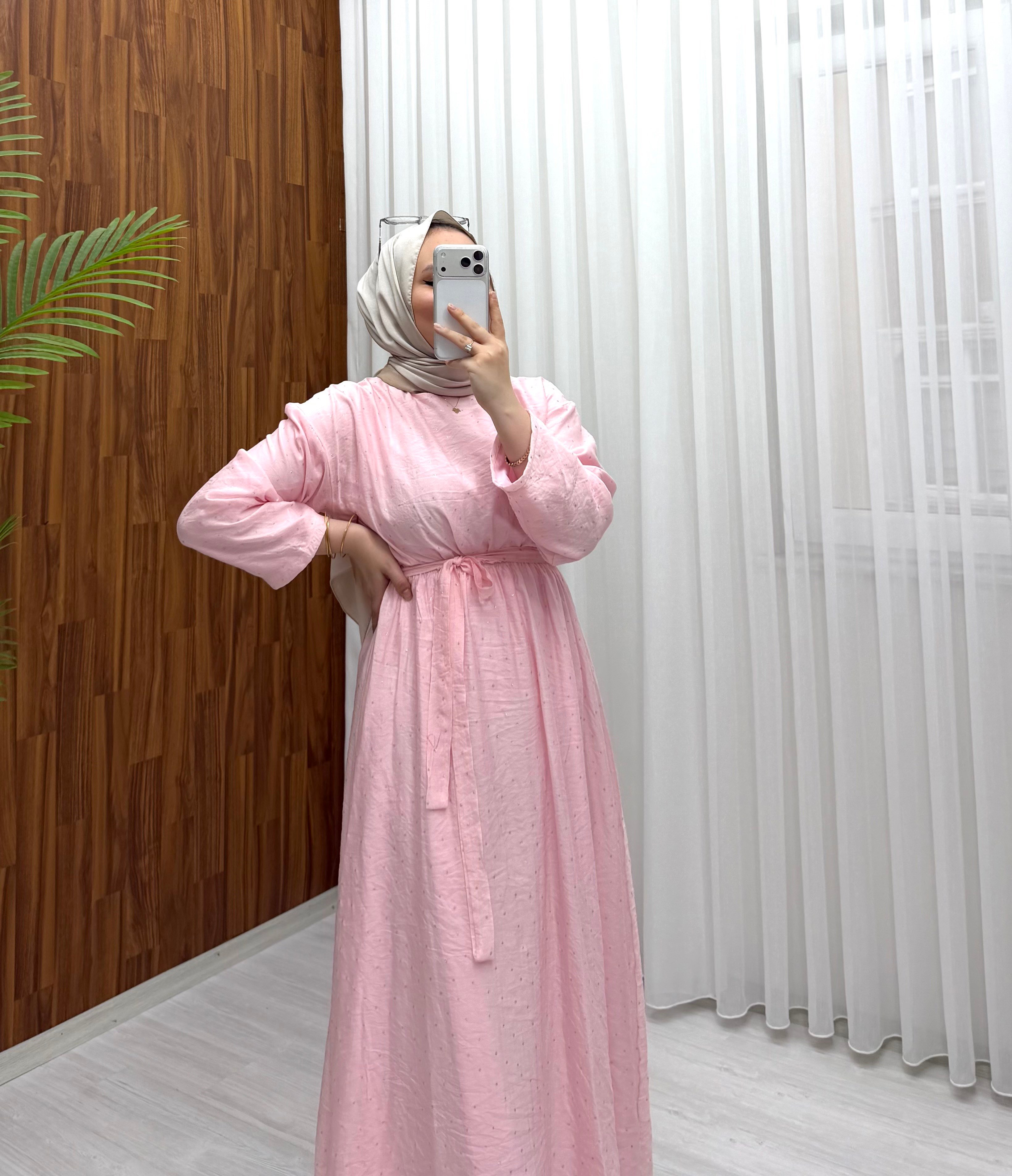 Bibay Taşlı Vual Astarlı Elbise Pembe 1799 