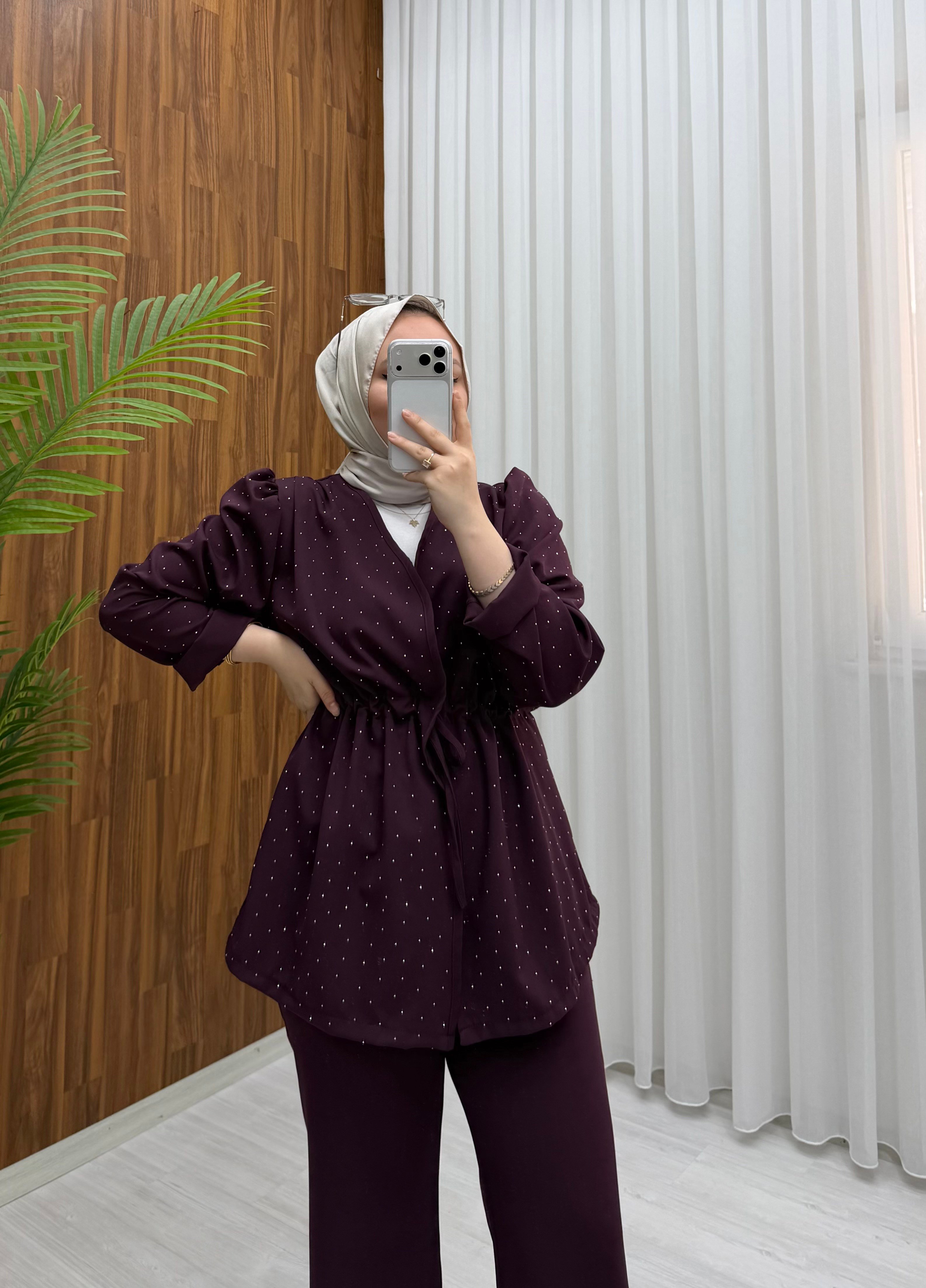 Newshe Taşlı Krep Takım Bordo 2020 