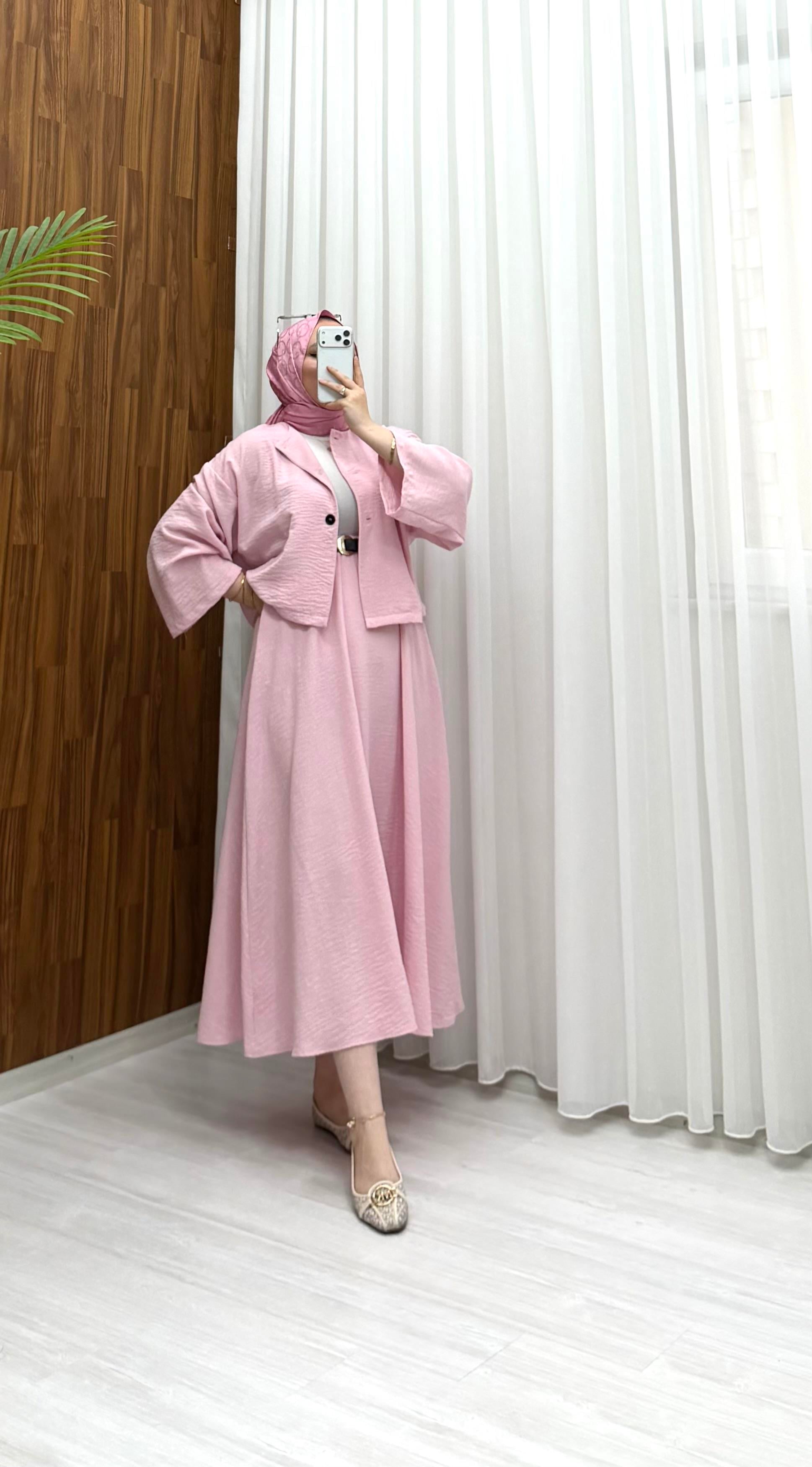 Qup Hare Keten Etekli Takım Pembe 20259 