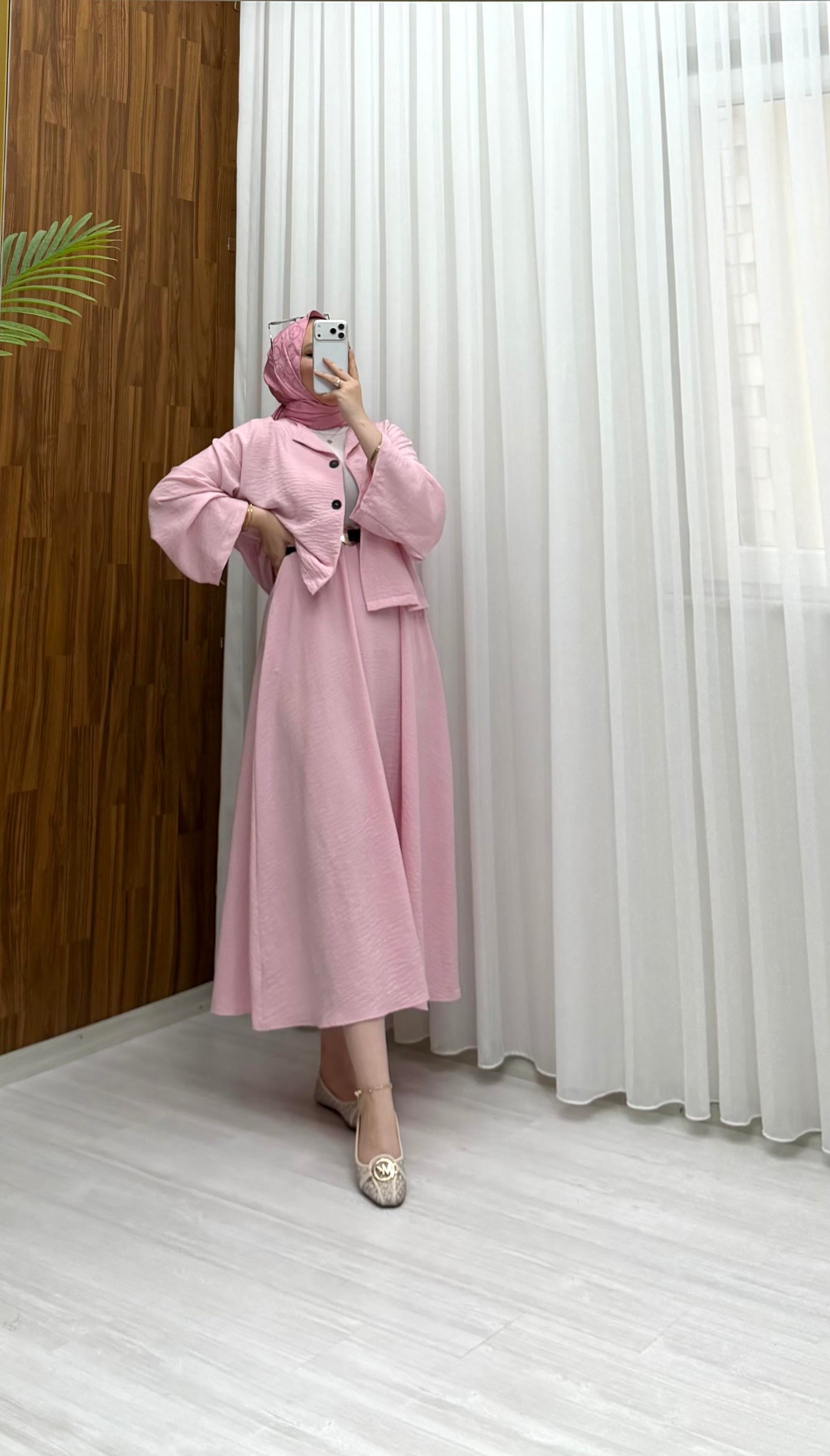 Qup Hare Keten Etekli Takım Pembe 20259 