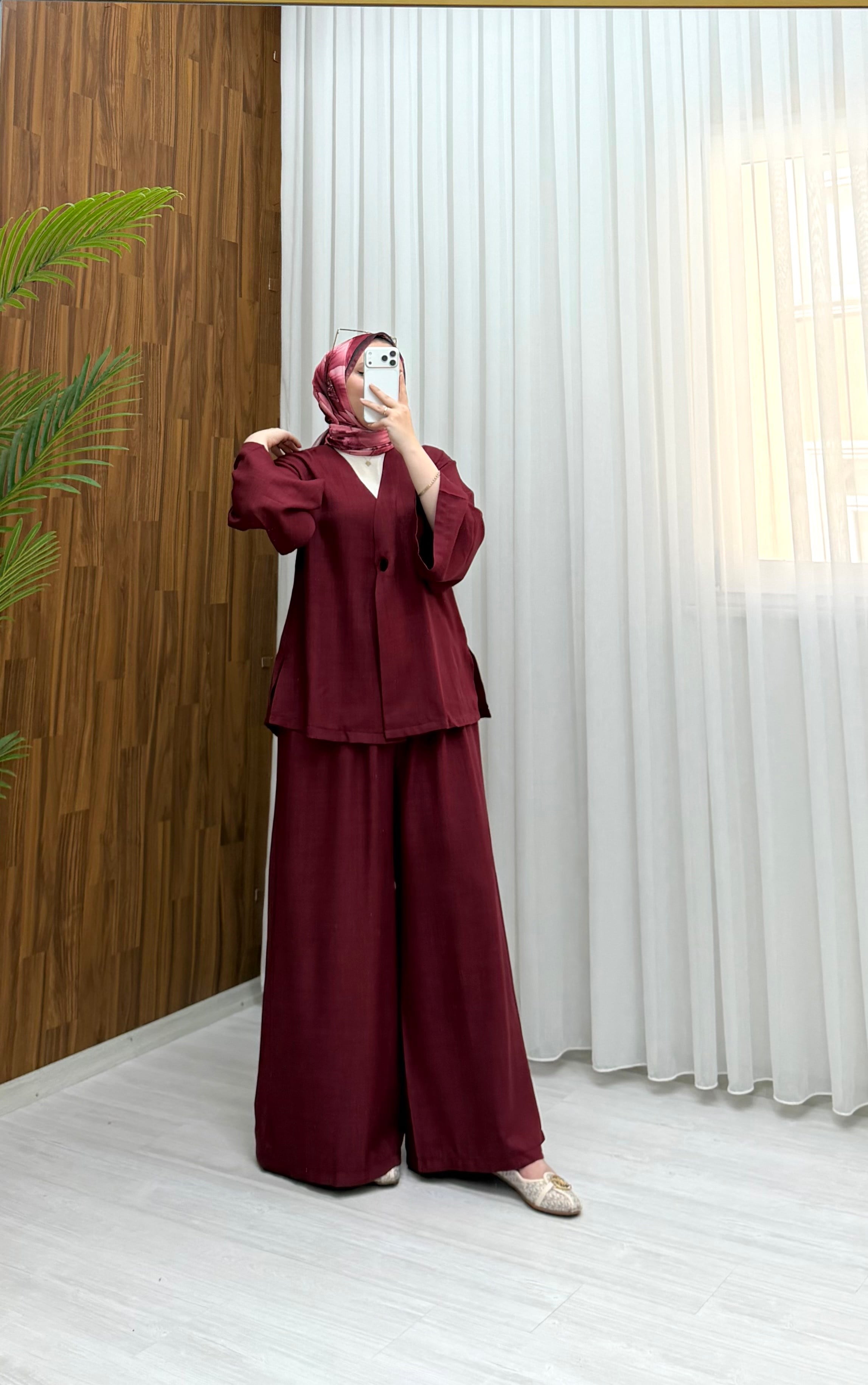 Qup Helmi Keten Tek Düğmeli Takım Bordo 20269 