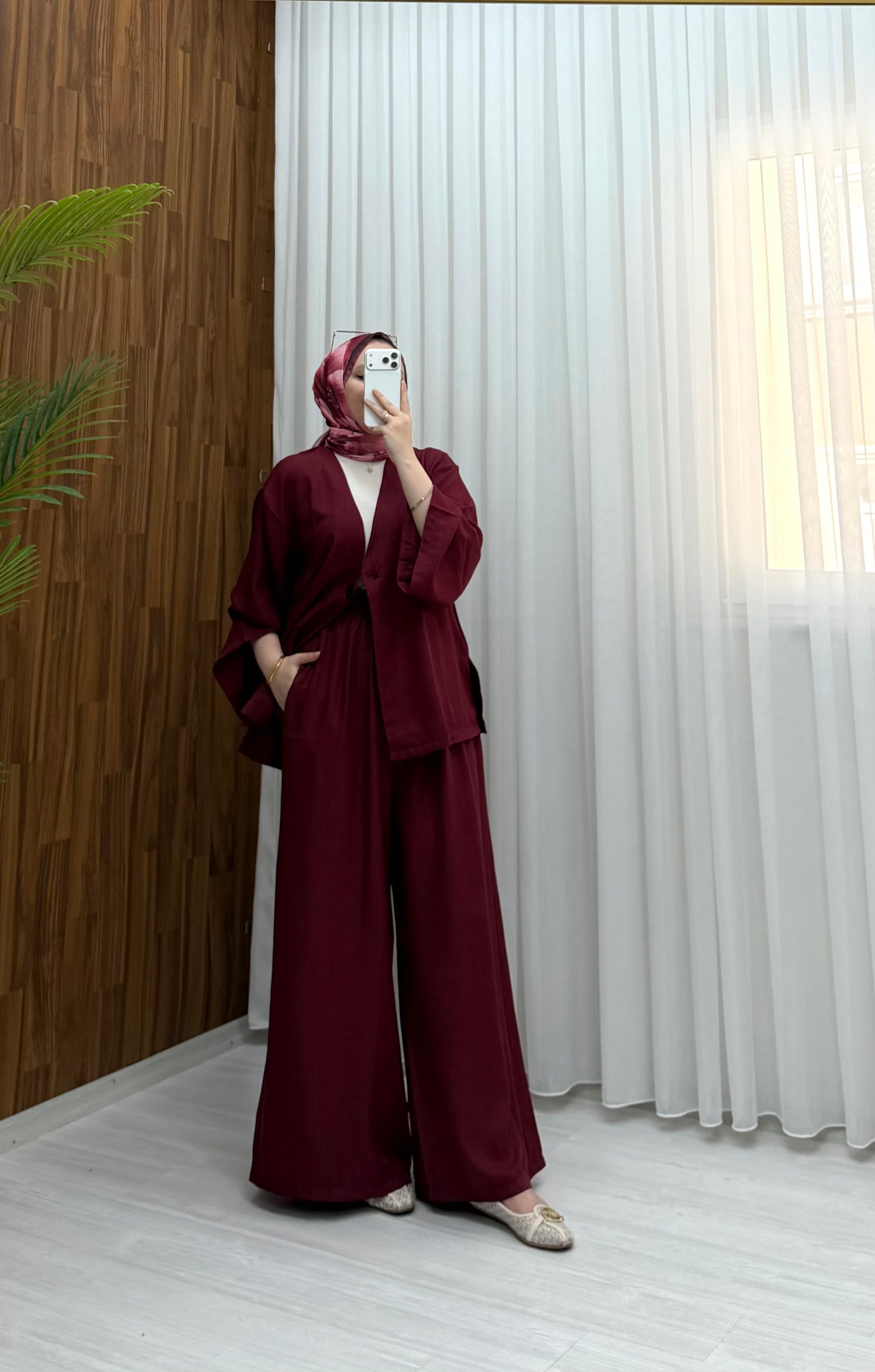Qup Helmi Keten Tek Düğmeli Takım Bordo 20269 