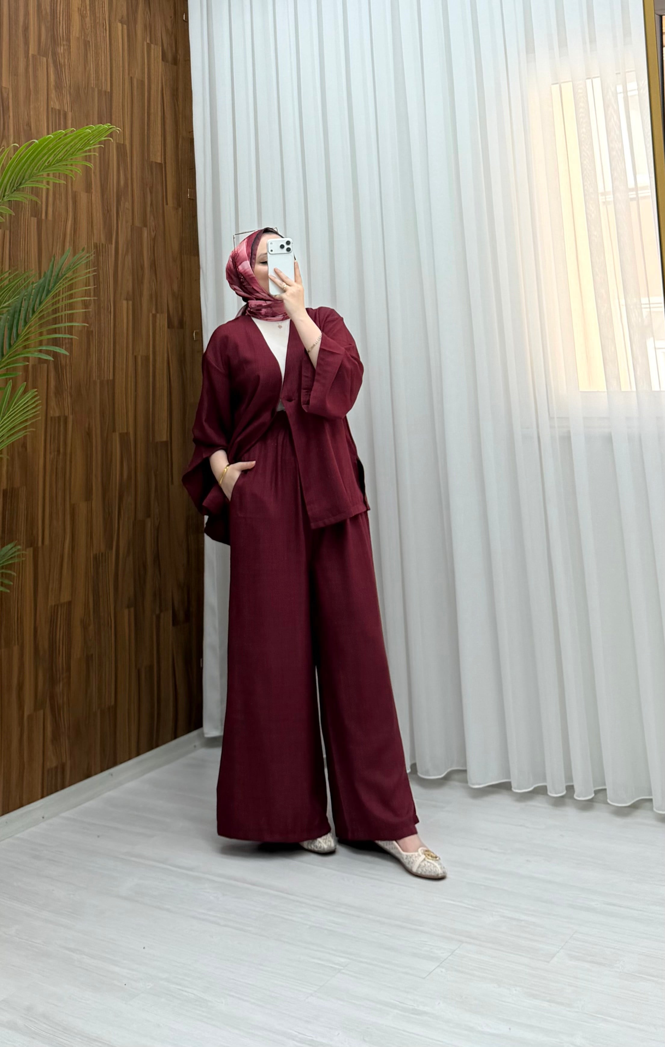 Qup Helmi Keten Tek Düğmeli Takım Bordo 20269 