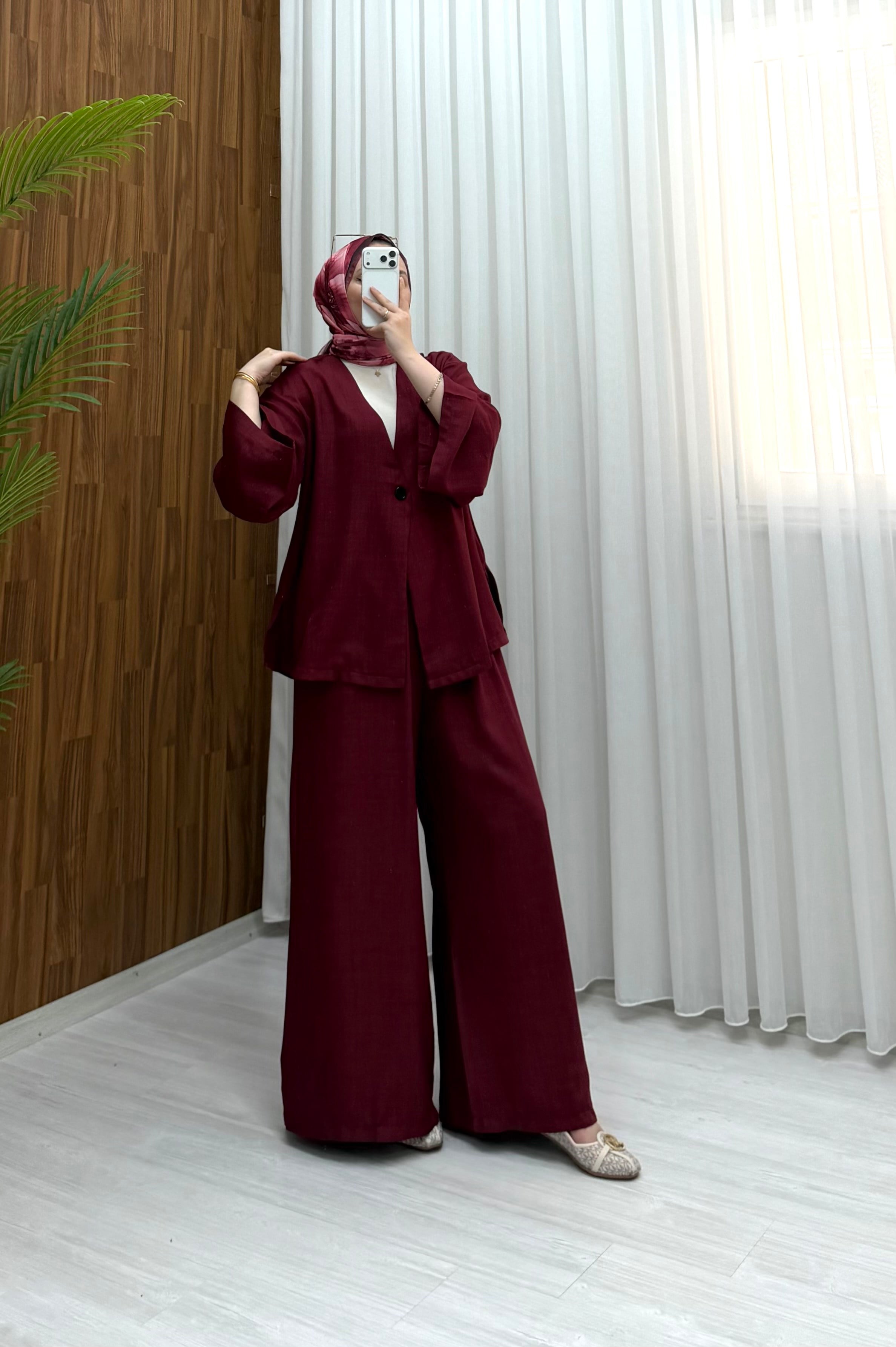 Qup Helmi Keten Tek Düğmeli Takım Bordo 20269 