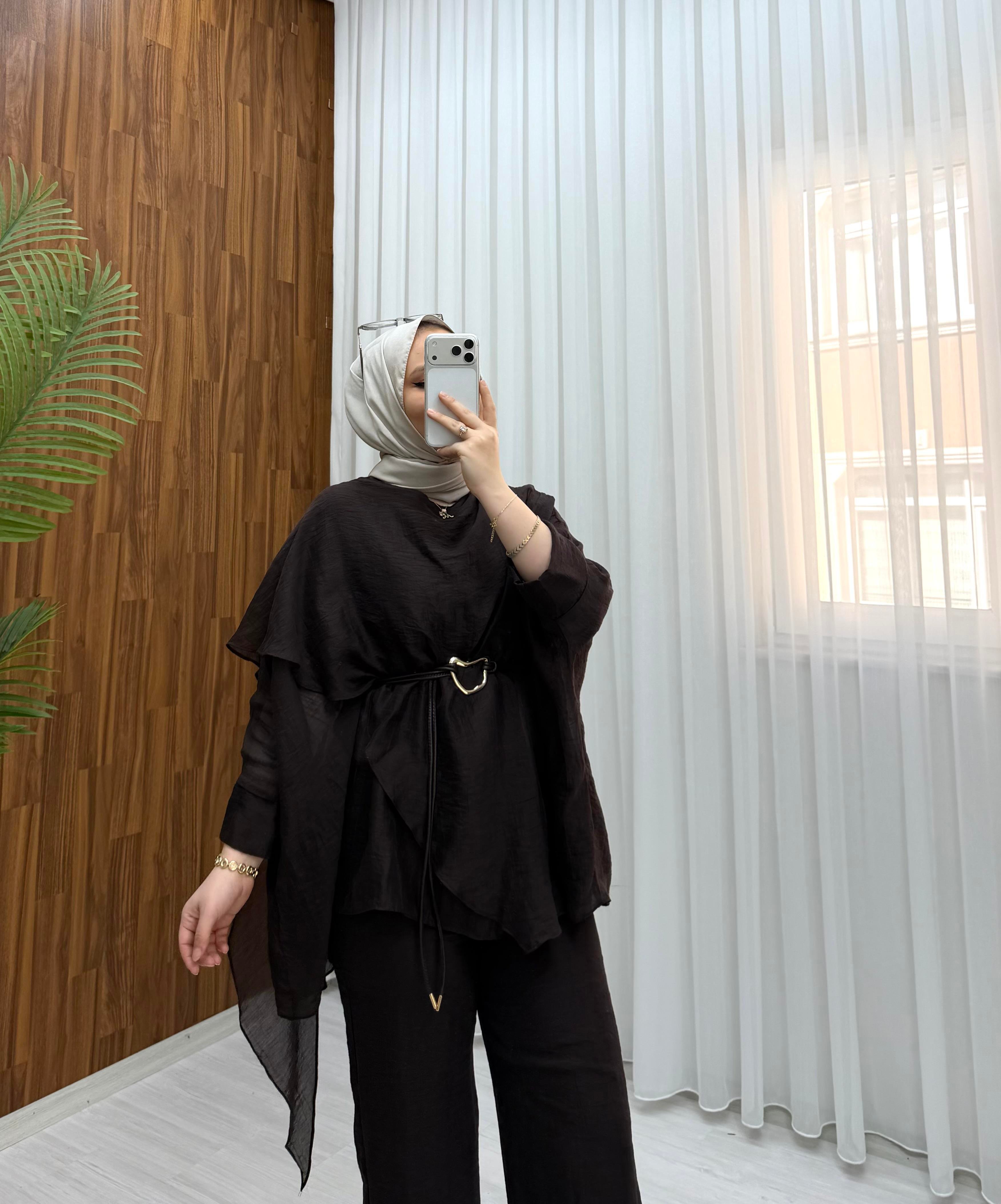 Plise Deri Kemer Detaylı Vual Takım Kahve 22858 