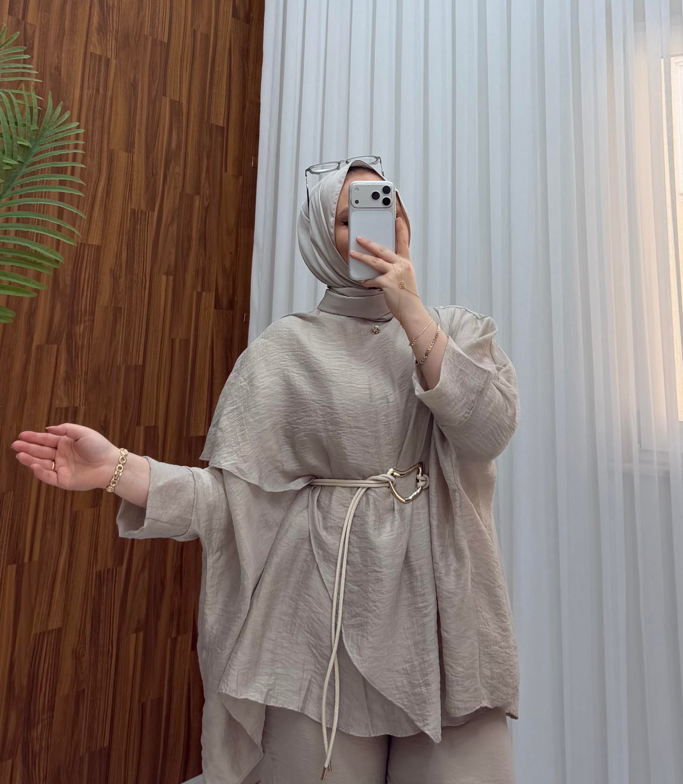 Plise Deri Kemer Detaylı Vual Takım Bej 22858 