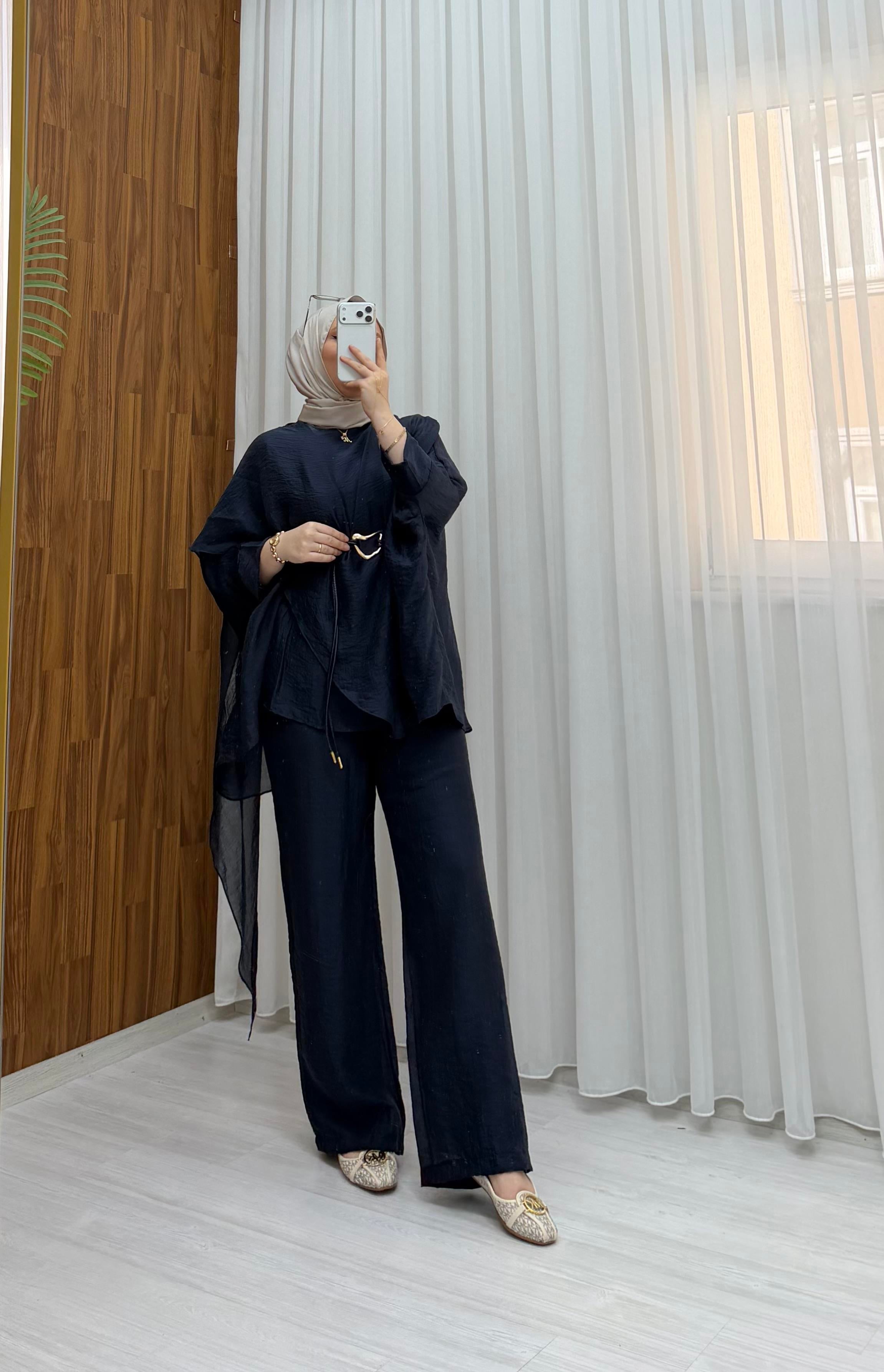 Plise Deri Kemer Detaylı Vual Takım Lacivert 22858 