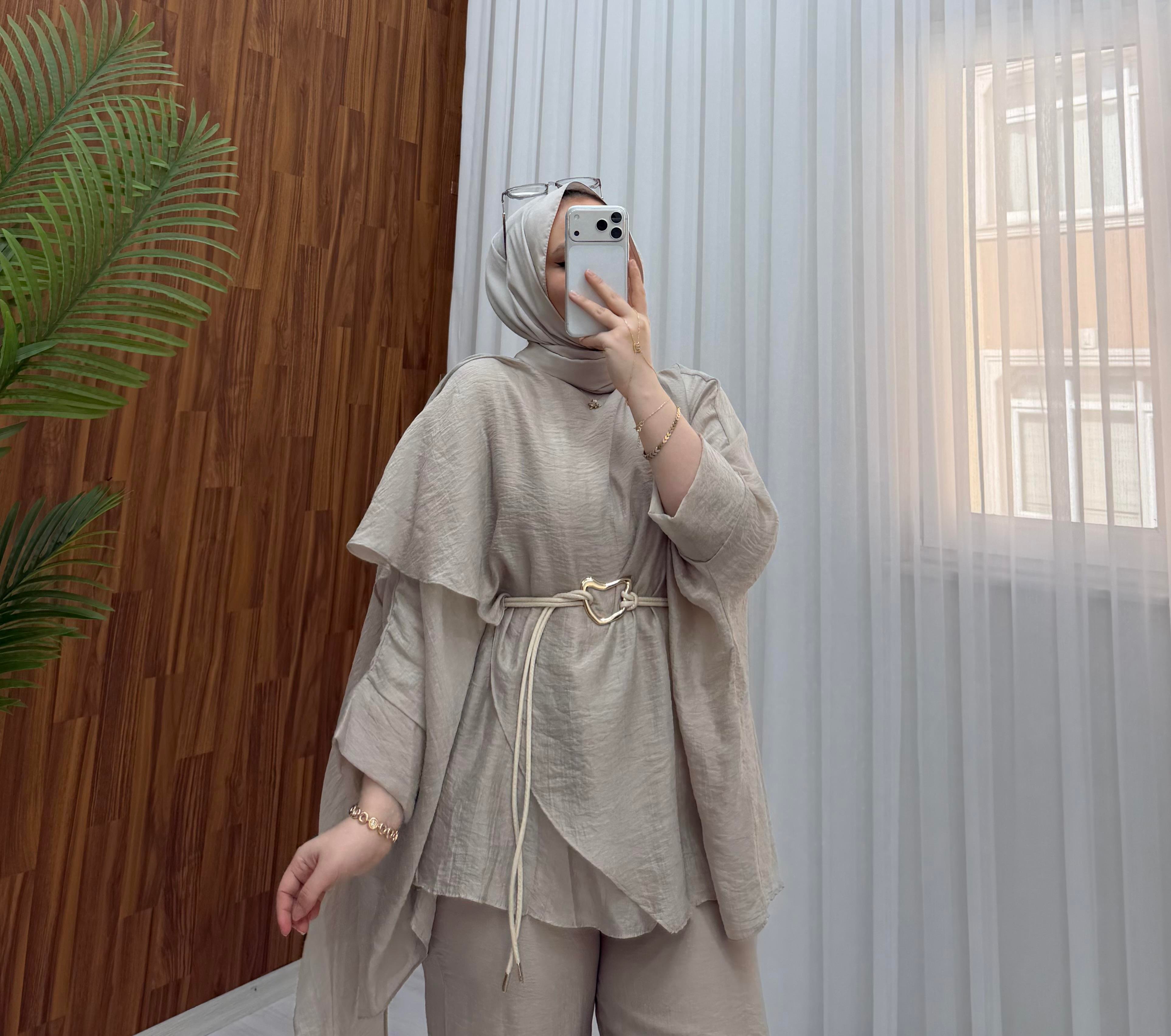 Plise Deri Kemer Detaylı Vual Takım Bej 22858 