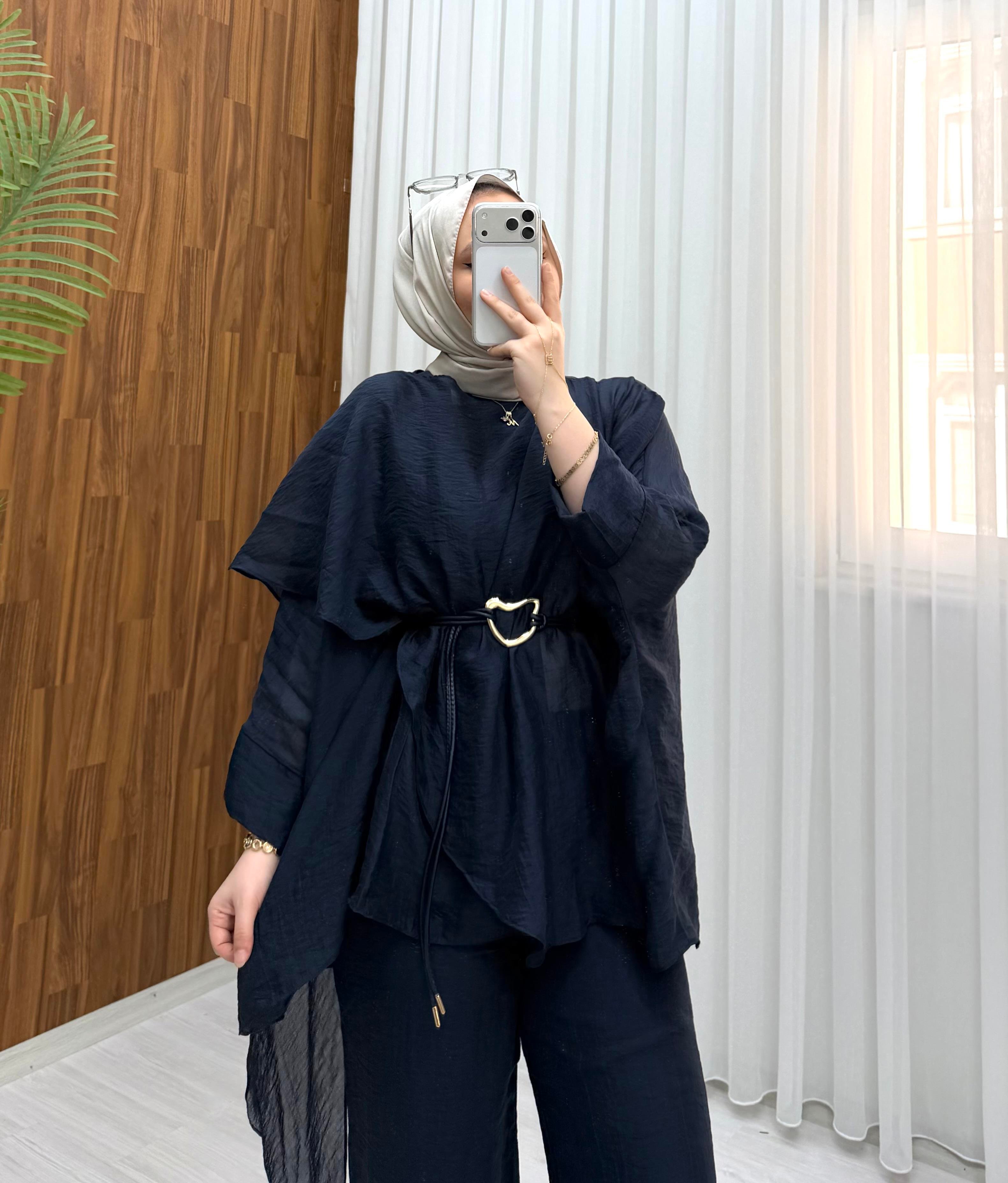 Plise Deri Kemer Detaylı Vual Takım Lacivert 22858 
