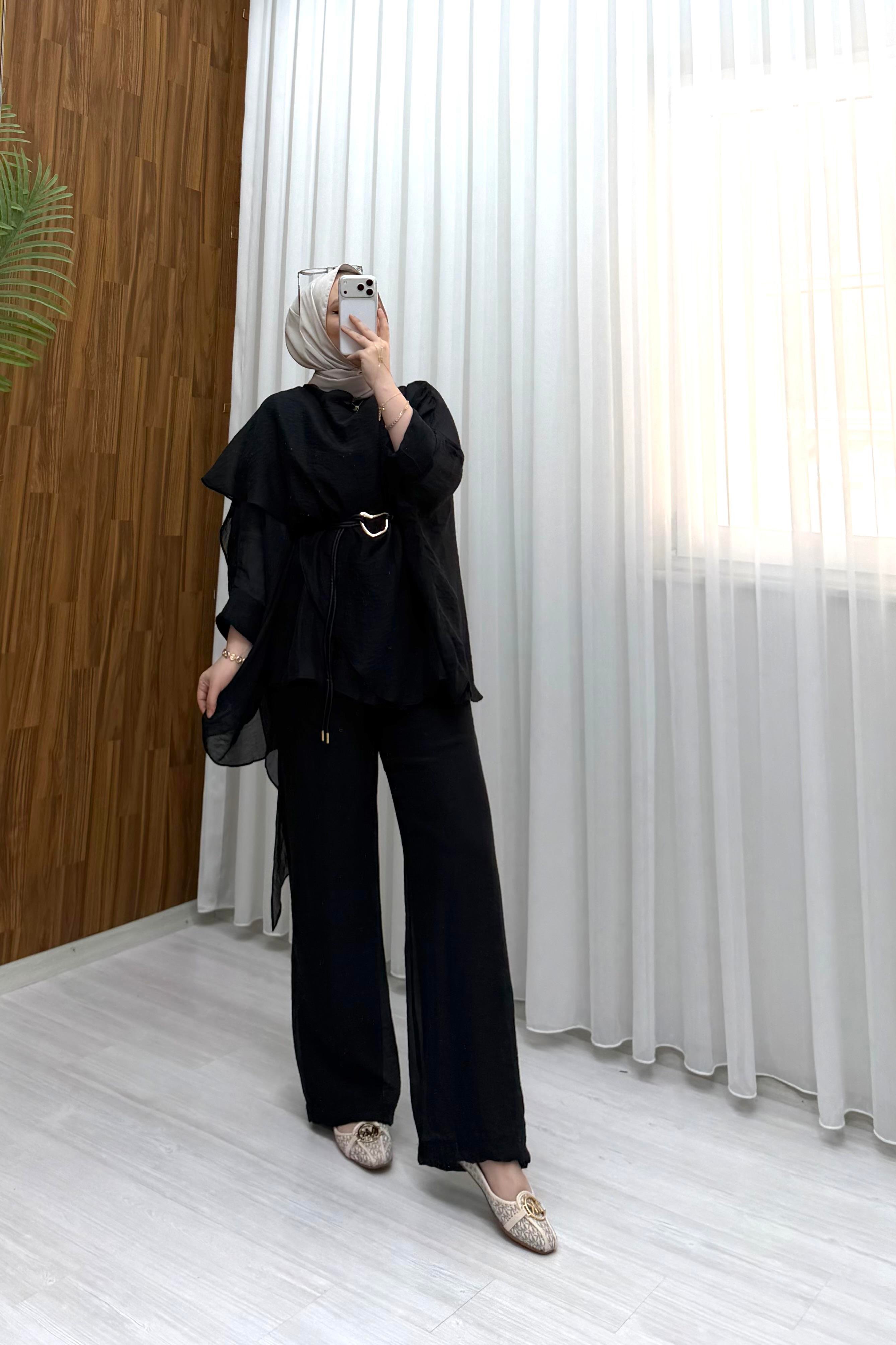 Plise Deri Kemer Detaylı Vual Takım Siyah 22858 