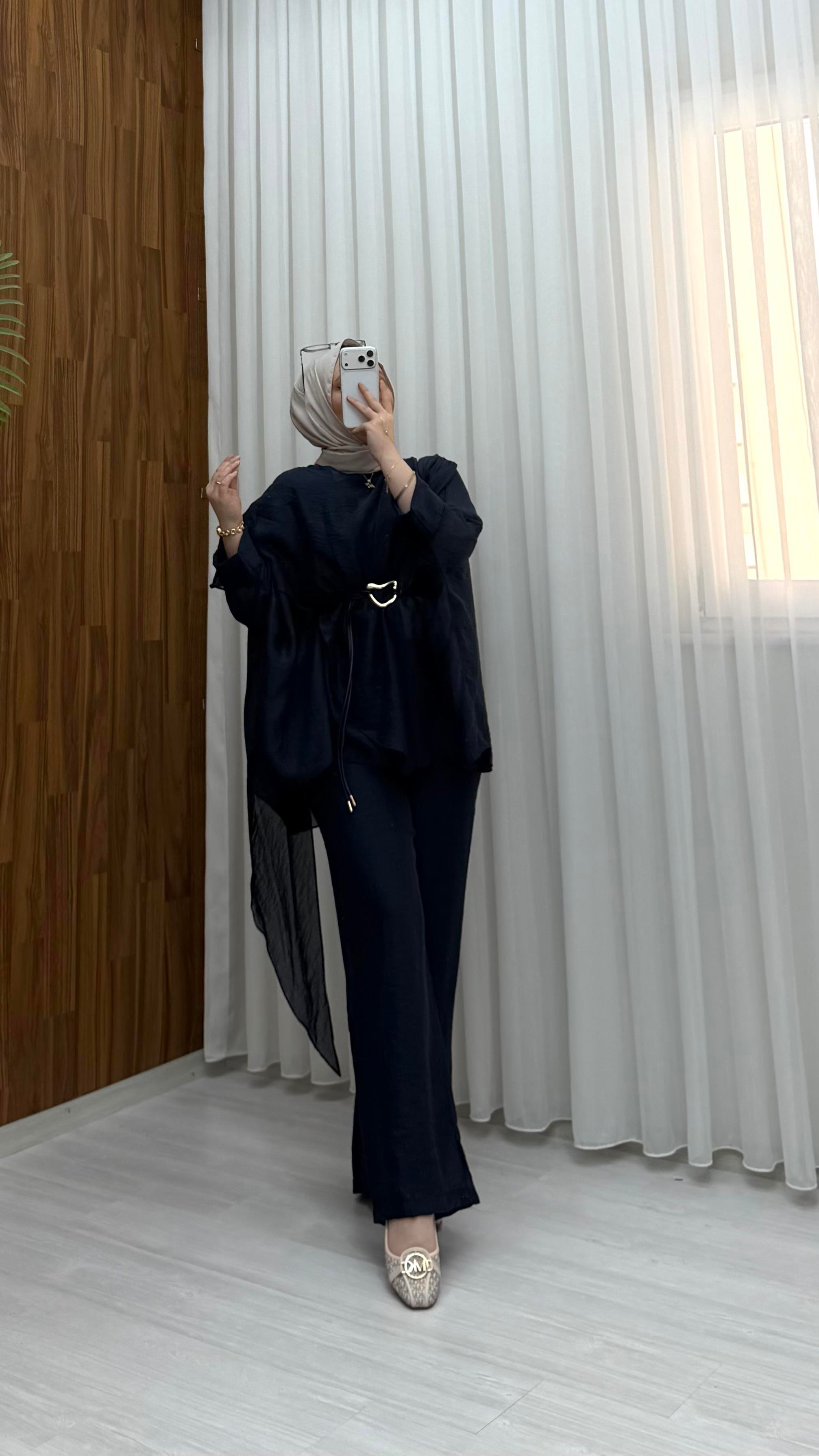 Plise Deri Kemer Detaylı Vual Takım Lacivert 22858 