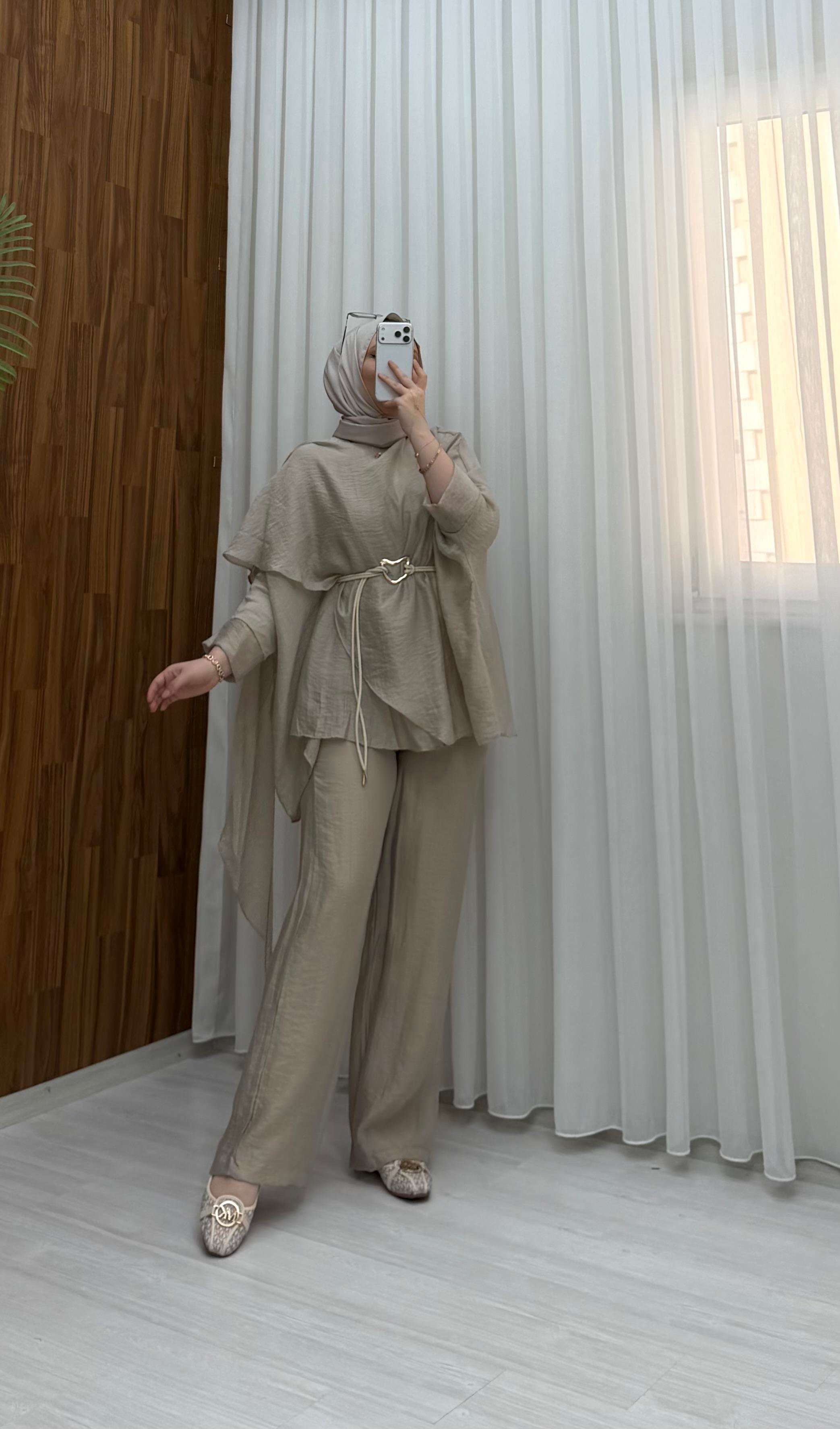 Plise Deri Kemer Detaylı Vual Takım Bej 22858 
