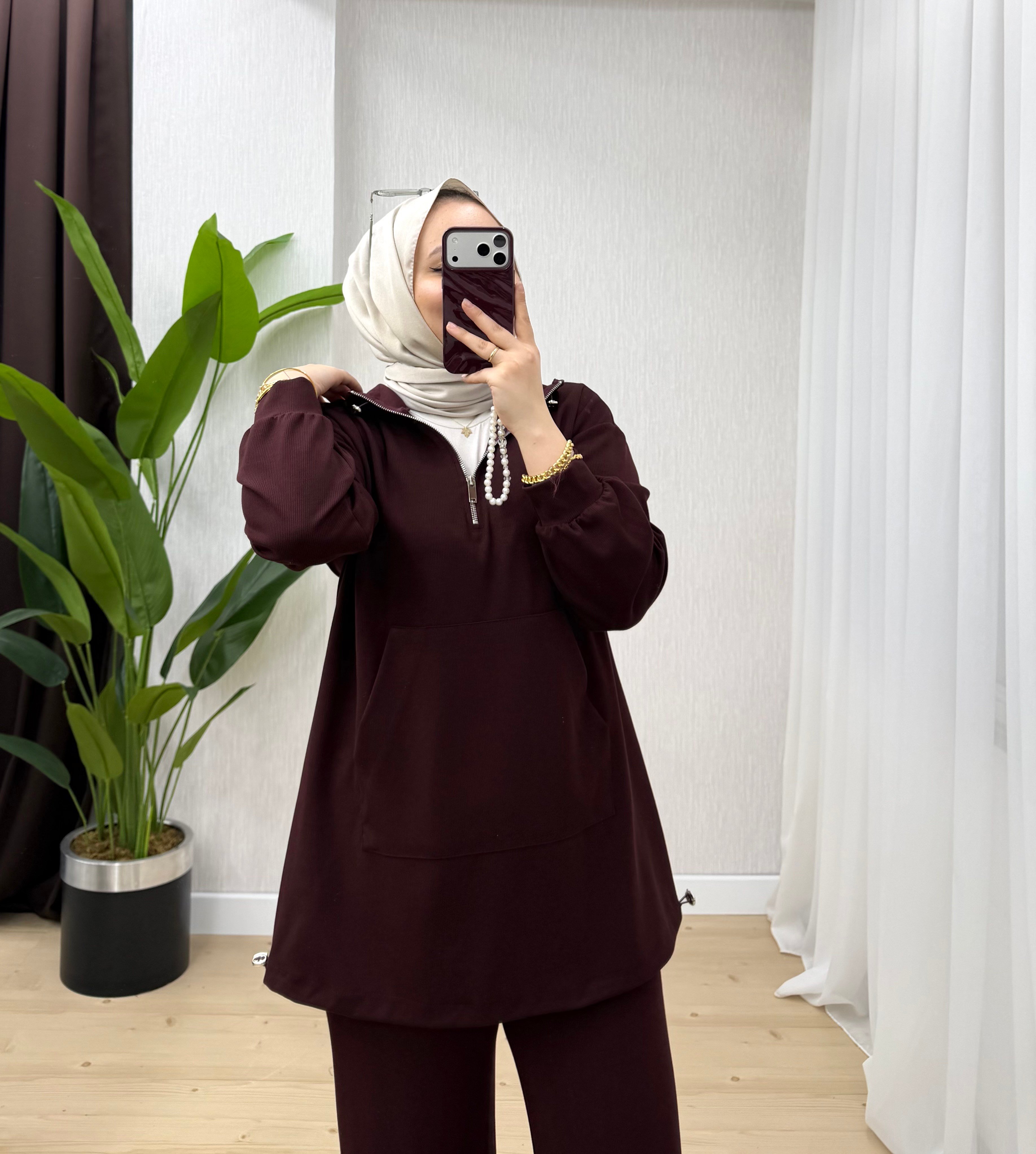 Plise Çizgili Oys Takım Bordo 22951 