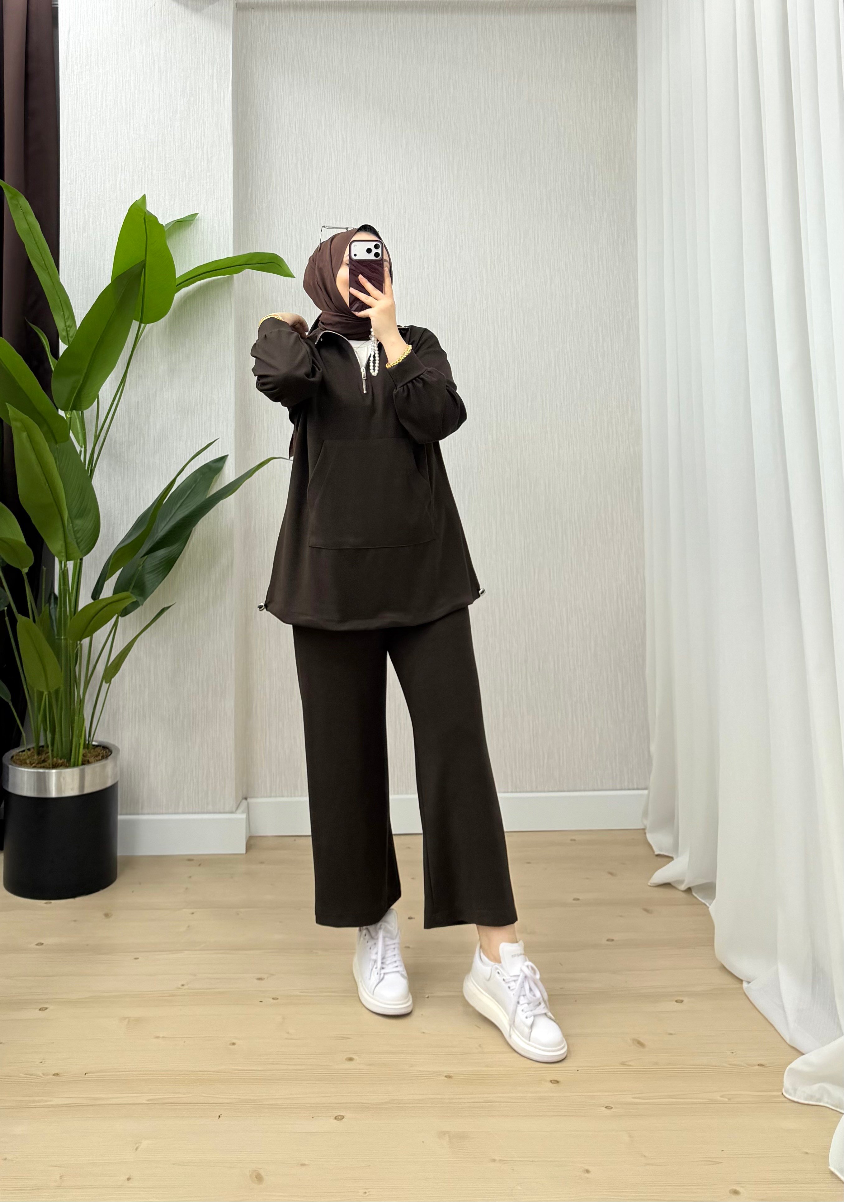 Plise Çizgili Oys Takım Kahve 22951 