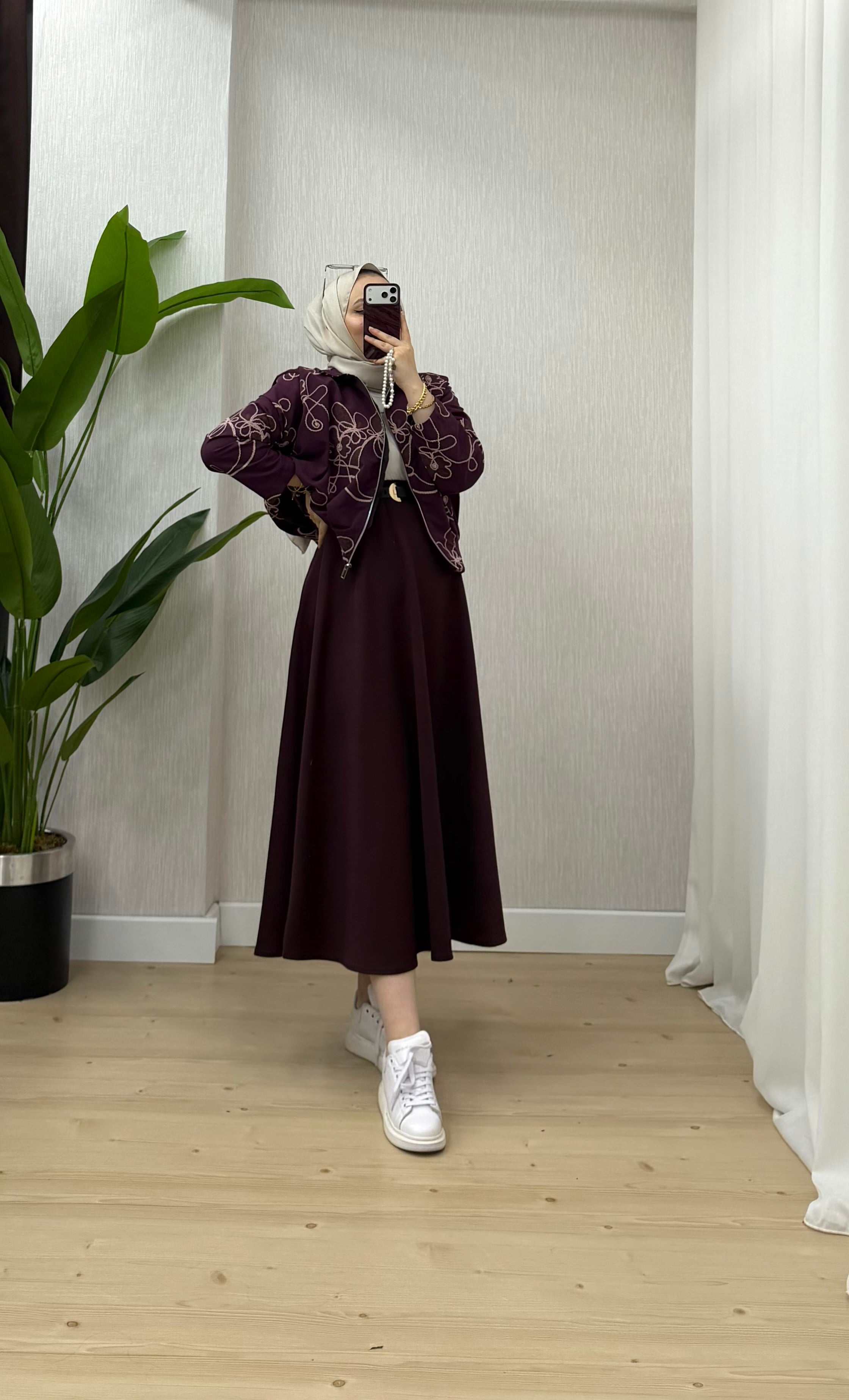 Plise Desenli Scuba Etekli Takım Bordo 24475 
