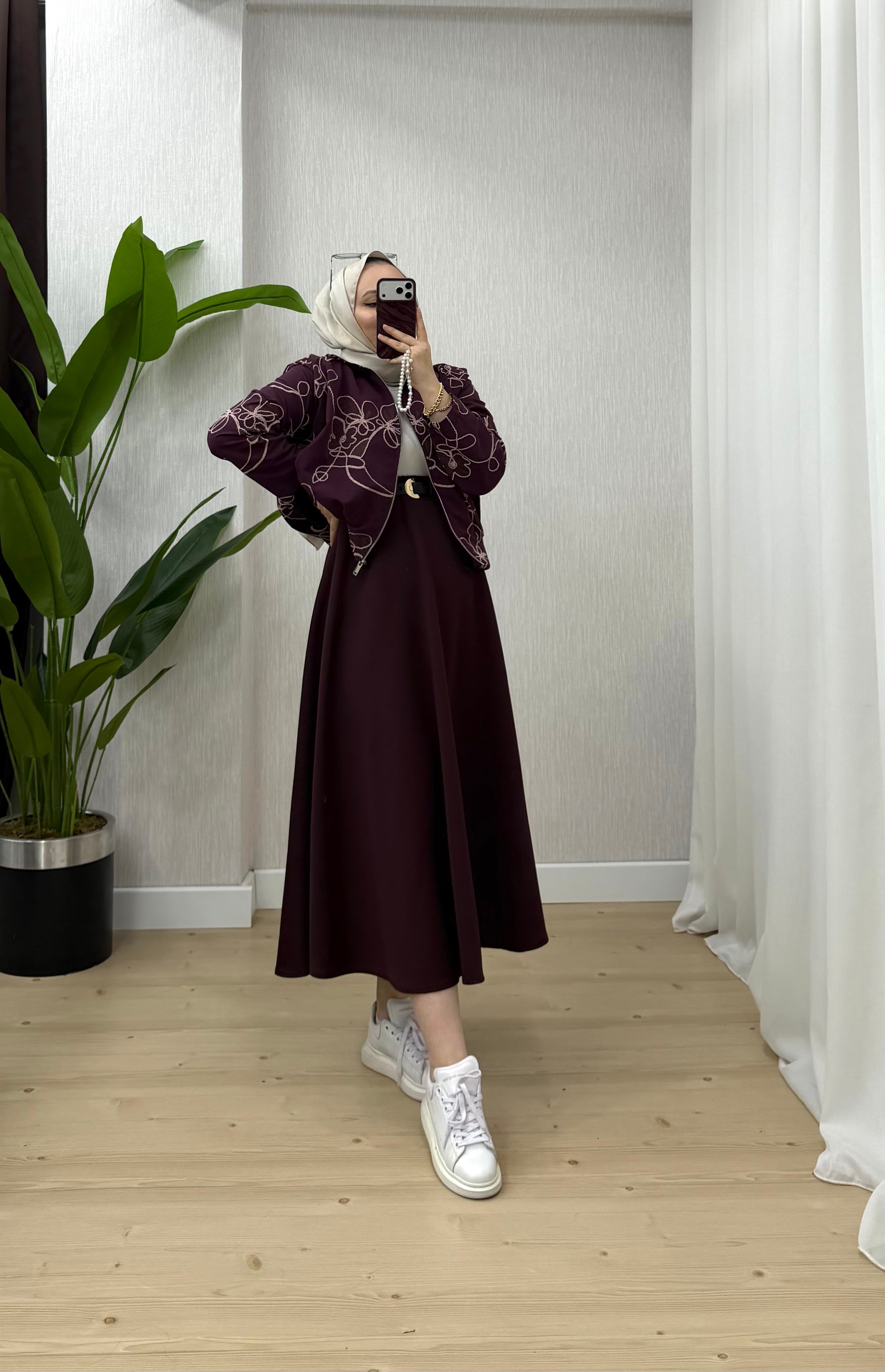Plise Desenli Scuba Etekli Takım Bordo 24475 