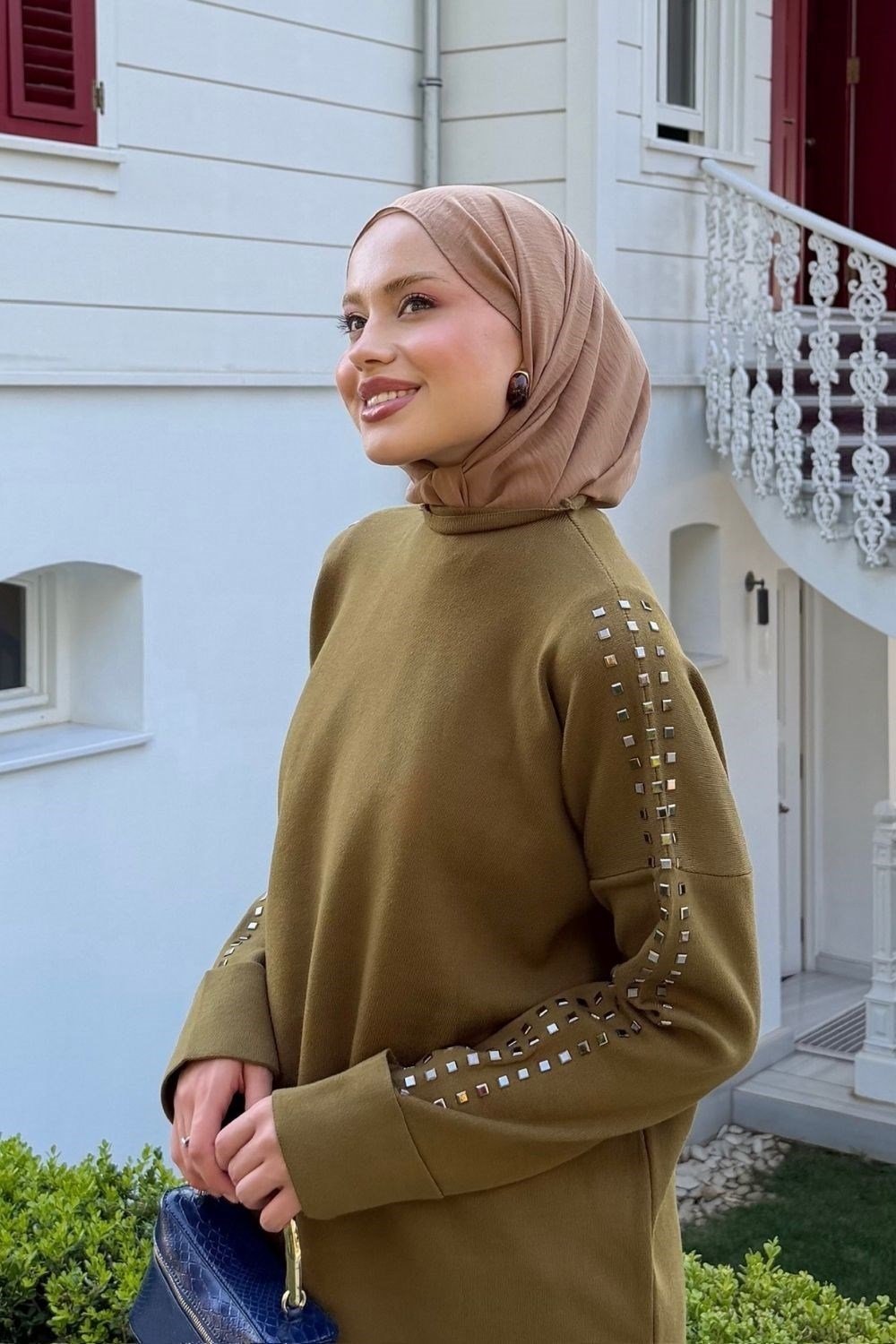 Qup Ekim Taşlı Tunik Std Beden Yağ Yeşili 26150 