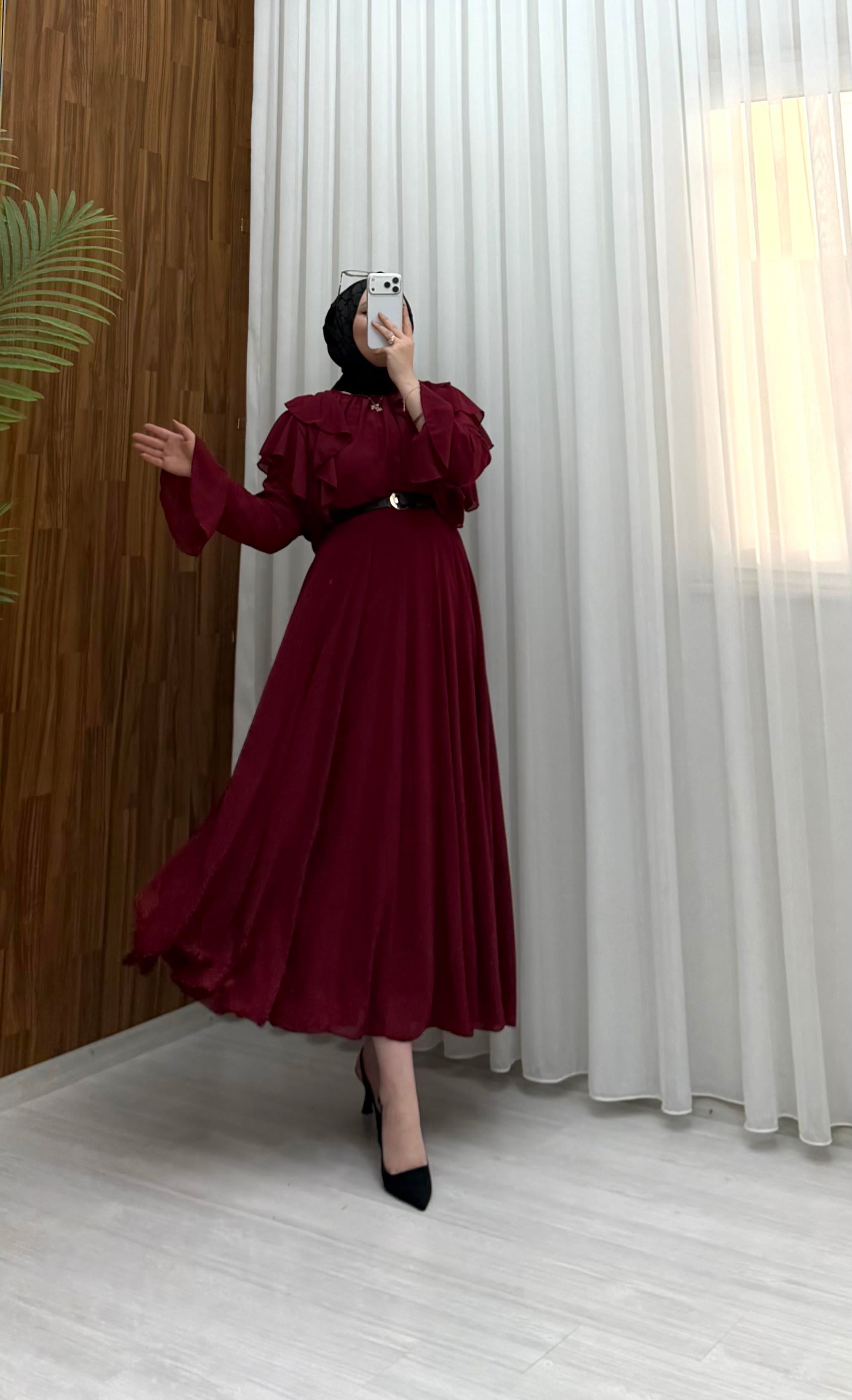 Plise Astarlı Şifon Etekli Takım Bordo 27038 
