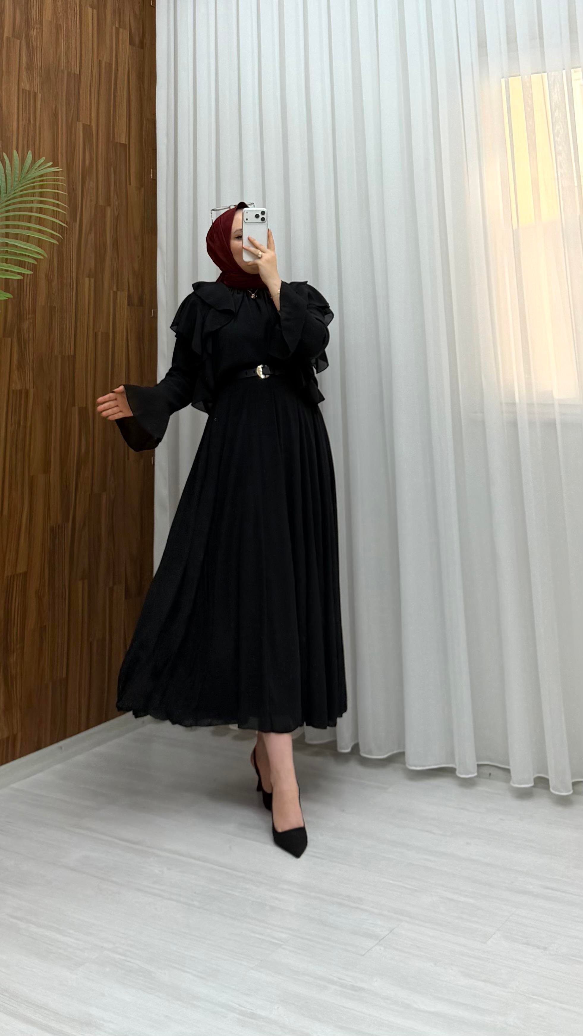 Plise Astarlı Şifon Etekli Takım Siyah  27038 