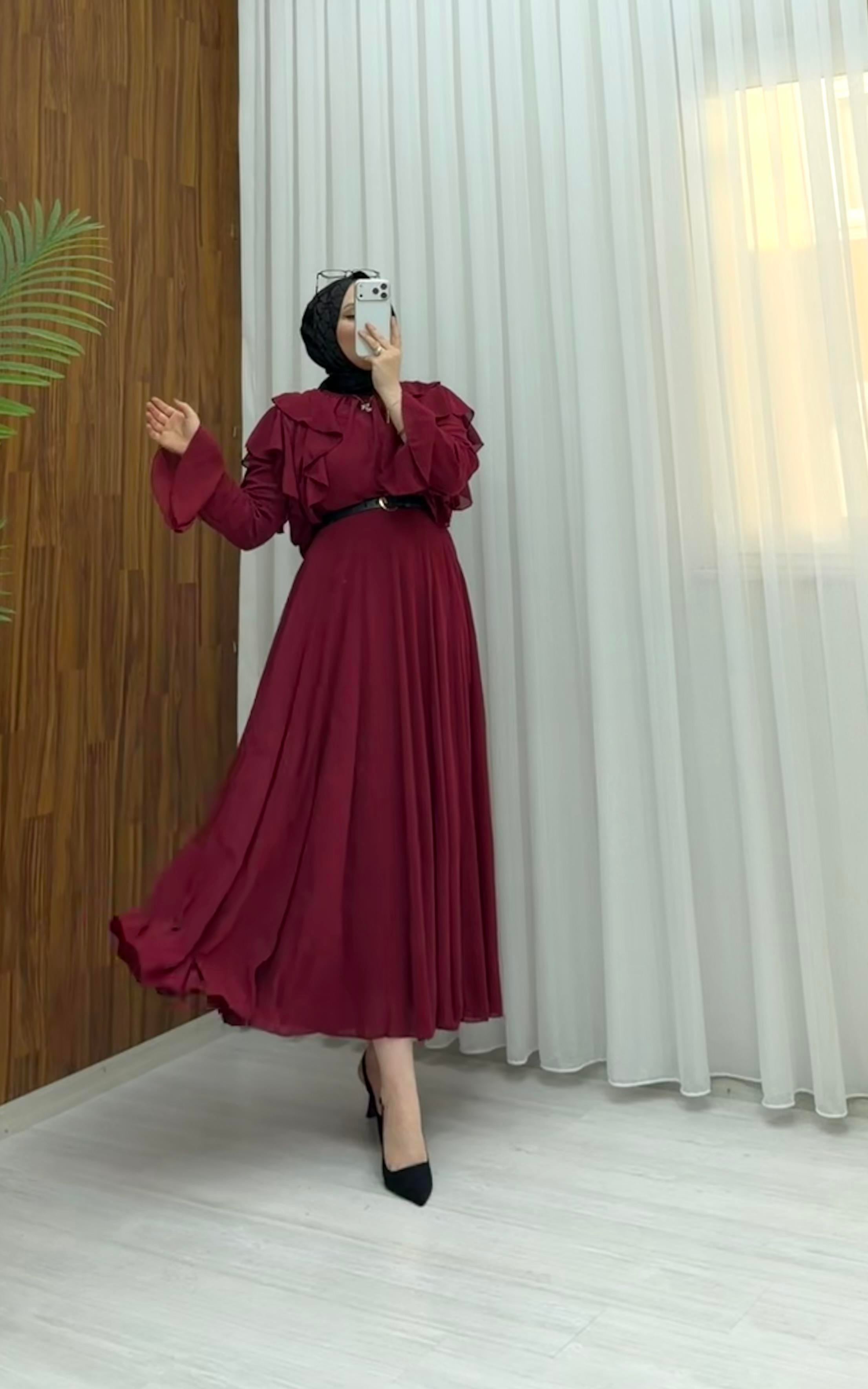 Plise Astarlı Şifon Etekli Takım Bordo 27038 