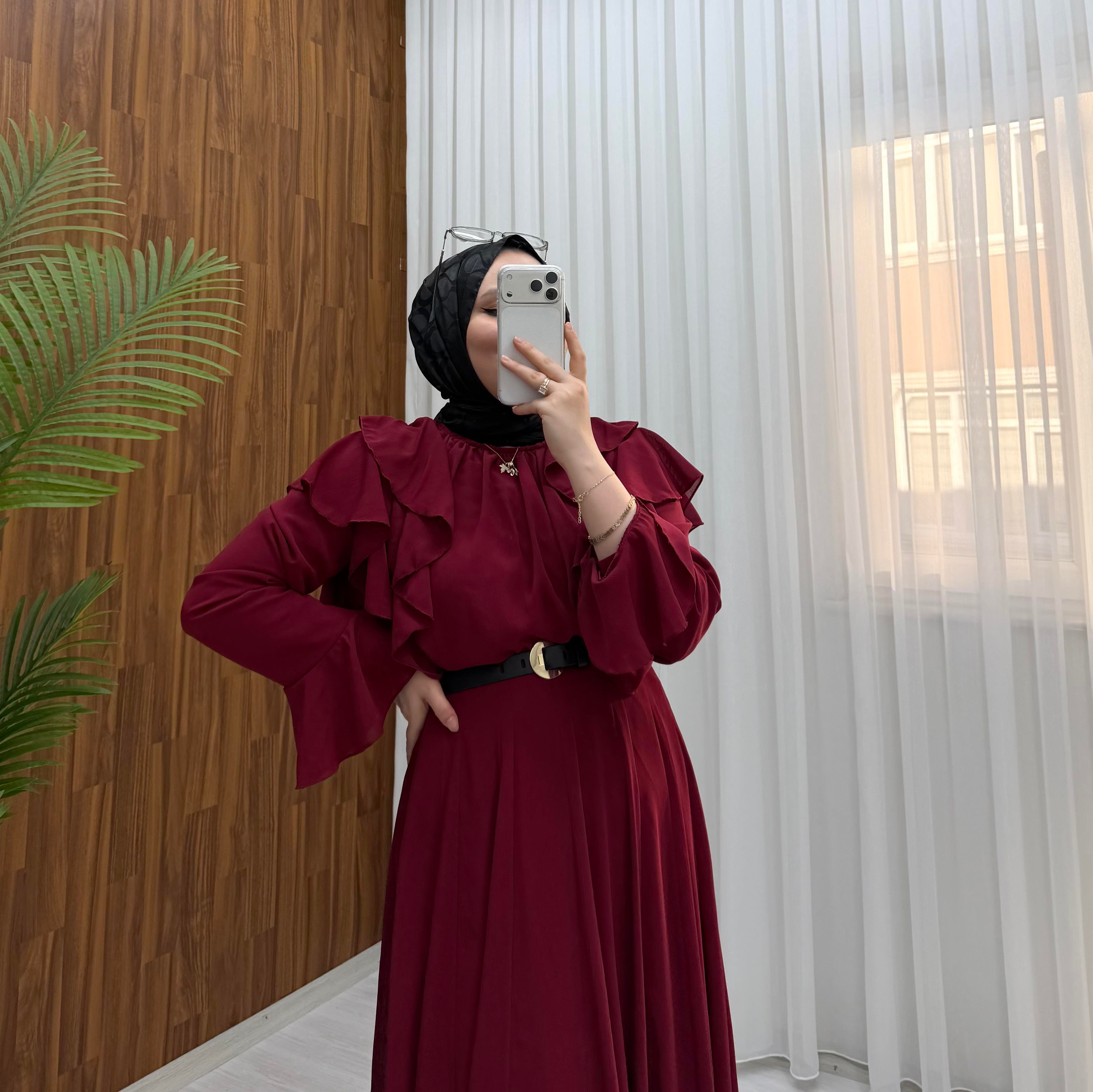 Plise Astarlı Şifon Etekli Takım Bordo 27038 