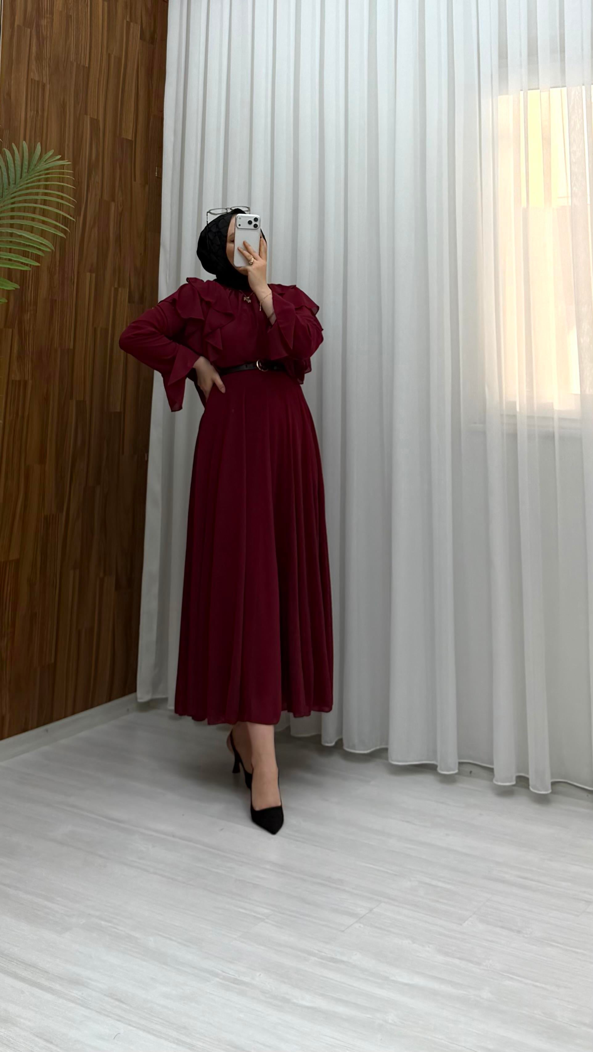 Plise Astarlı Şifon Etekli Takım Bordo 27038 