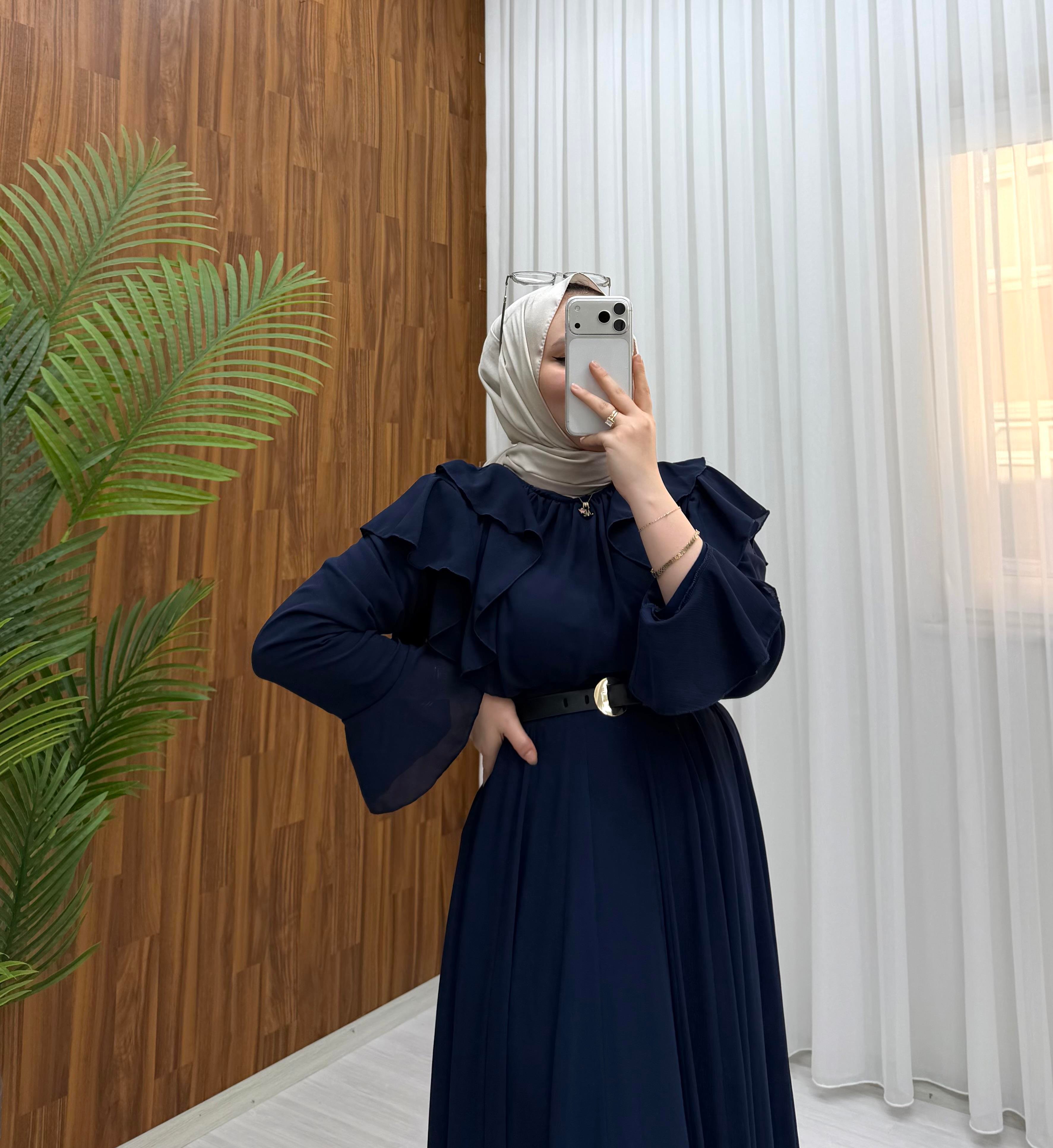 Plise Astarlı Şifon Etekli Takım Lacivert 27038 