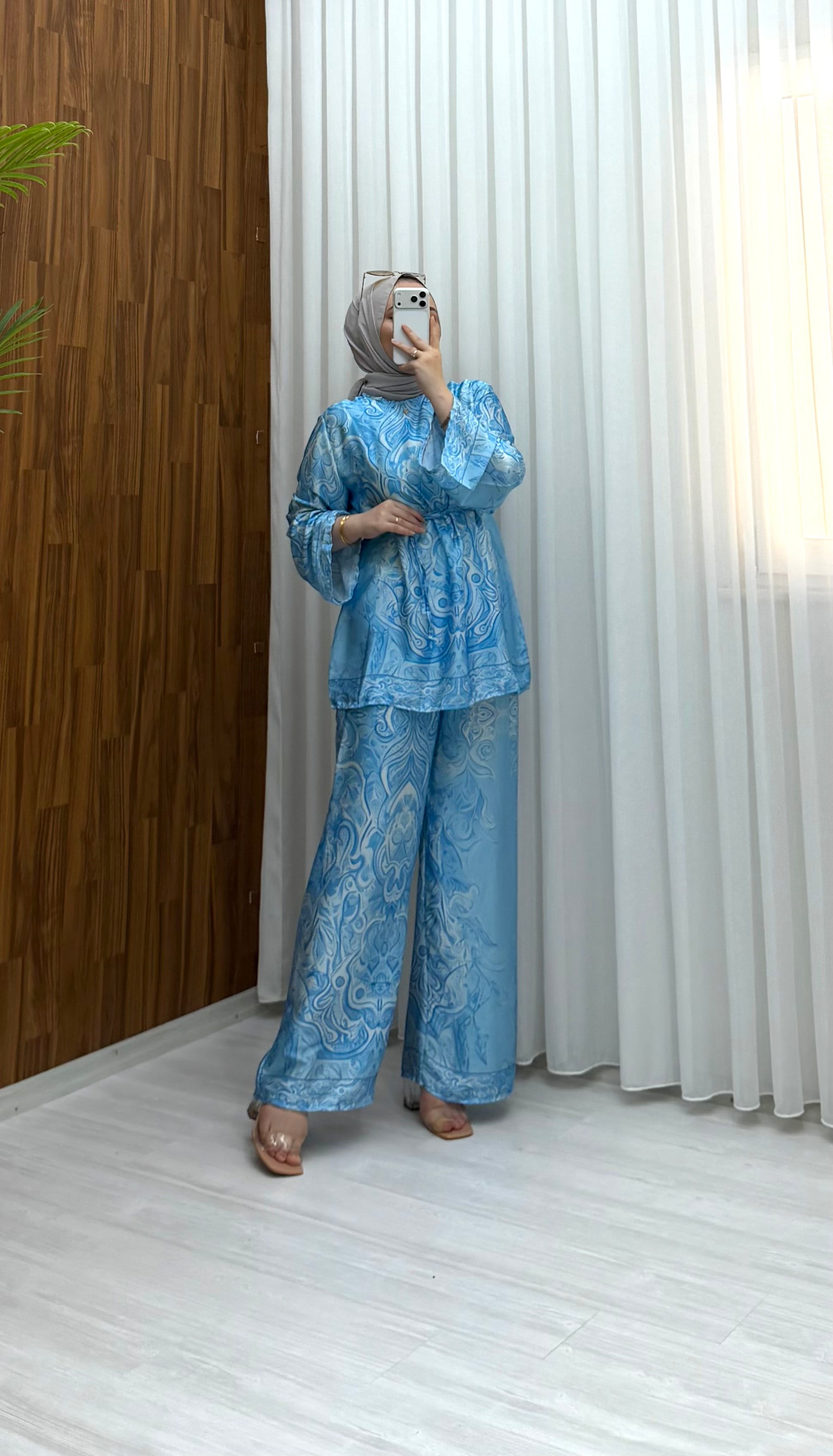 Poli Saten Desenli Takım Mavi 3029 